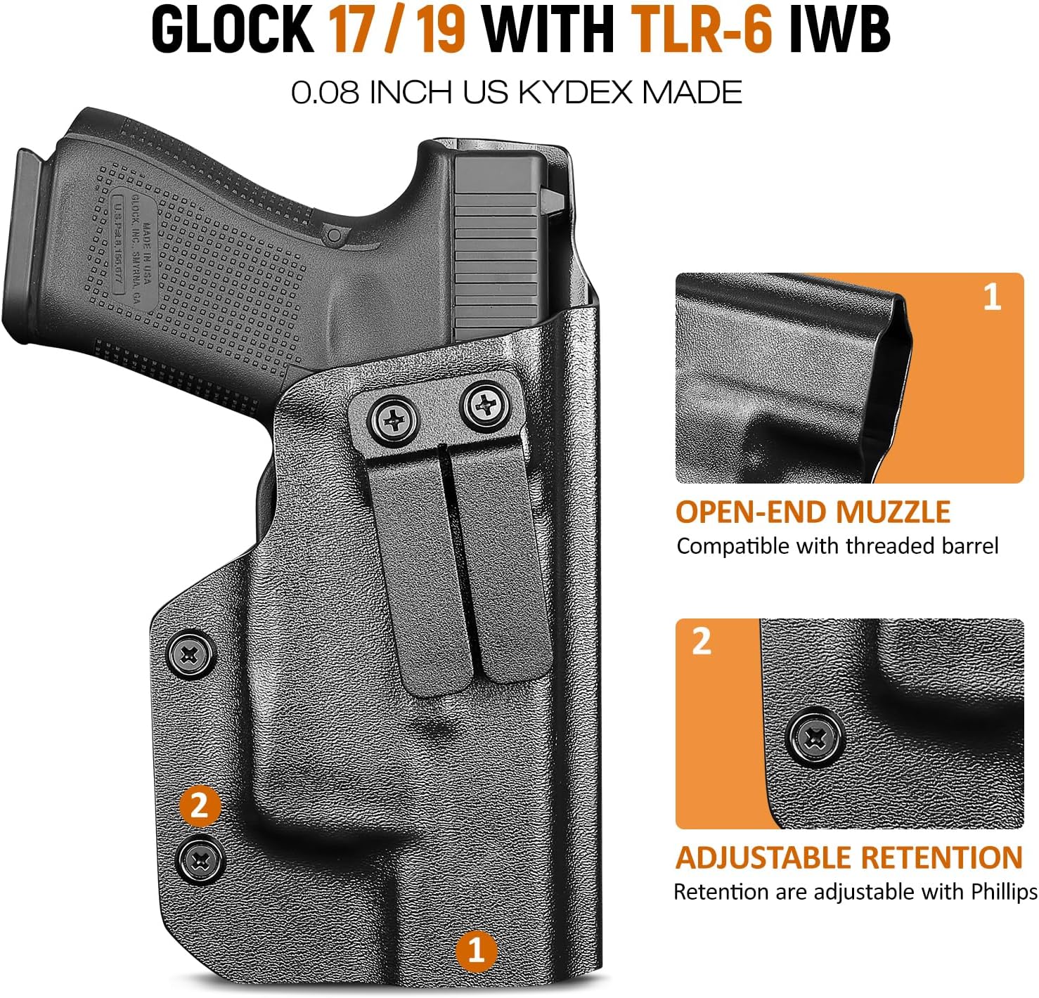 IWB Kydex Holster for Glock 19 with TLR6, Fit Glock 17/19 Gen 3-5, 23/32 Gen 3-4& 19X/ 44/45, Inside Waistband Conceal Carry, Adj. Cant & Retention, Right Hand - WARRIORLAND