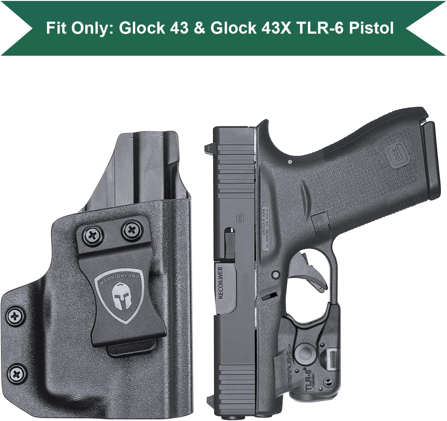 WARRIORLAND IWB Kydex Holster Fit Glock 43/43X with TLR-6 /TLR-6 HL - Not Fit MOS, Inside Waistband Holster, Adj. Cant & Retention, Right/Left Hand Option - WARRIORLAND