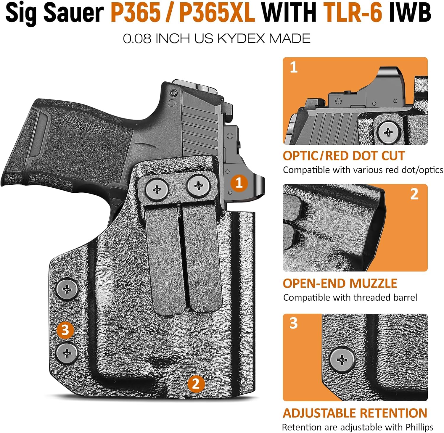 IWB Kydex Holster for P365 with TLR6, Fit Sig Sauer P365/ P365 SAS/ P365XL, Inside Waistband Conceal Carry, Optic Cut, Adj. Cant & Retention, Right Hand - WARRIORLAND