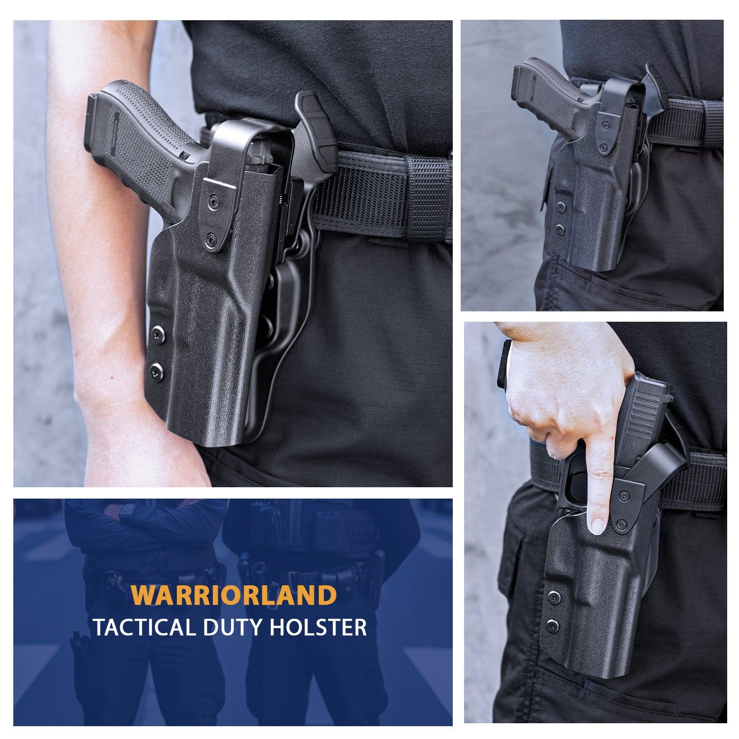 Glock 17 Holster Level II Retention w/Hook Guard & Rotating Hood: Glock G17/G19/G34 Gen3-5  G19X G23/G22/G31/G32 Gen3-4 G44  G45, 2.25 Inch Outside Waistband Holster G17, Adj. Retention & Ride Height, Right|WARRIORLAND - WARRIORLAND