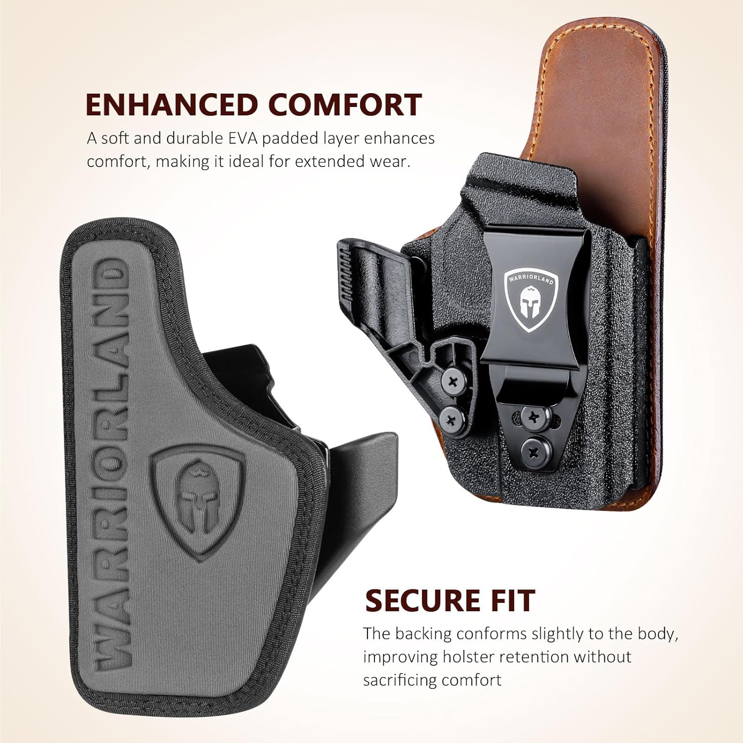 WARRIORLAND IWB Hybrid Holster Compatible with Glock 17/ 19 Gen 3-5 & 23/ 32 Gen 3-4 & G19X 44 45 & their MOS version, Concealed Carry Polymer & Leather Holster with Claw/Optics Cut Ready, Right Hand（Brown） - WARRIORLAND