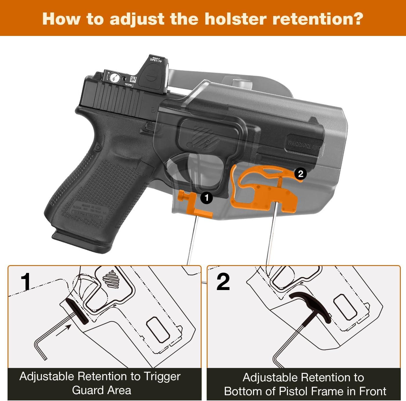 WARRIORLAND Universal OWB Gun Holster w/Optic Cut Ready – Fits Most Popular Compact to Full Size Handguns with 4”–5.3” Barrel – Level II Retention, 360° Adjustable Paddle for 1.5-2.0