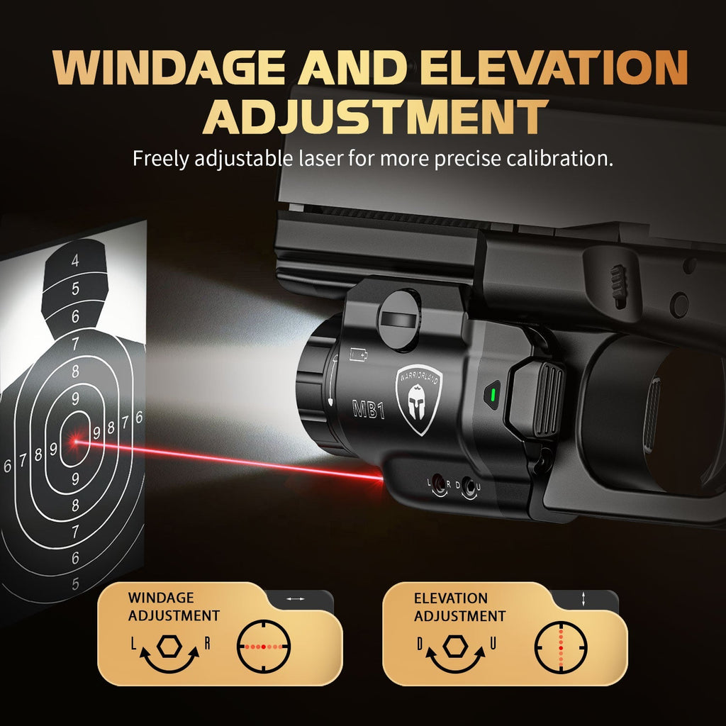 WARRIORLAND MB1 500 Lumens Pistol Light with Red Laser White LED Combo, Compact Weapon Light with Universal Rails fit for G17 G19 P365 1911 and Other 60+ Models, Tactical Light with Battery Indicator - WARRIORLAND