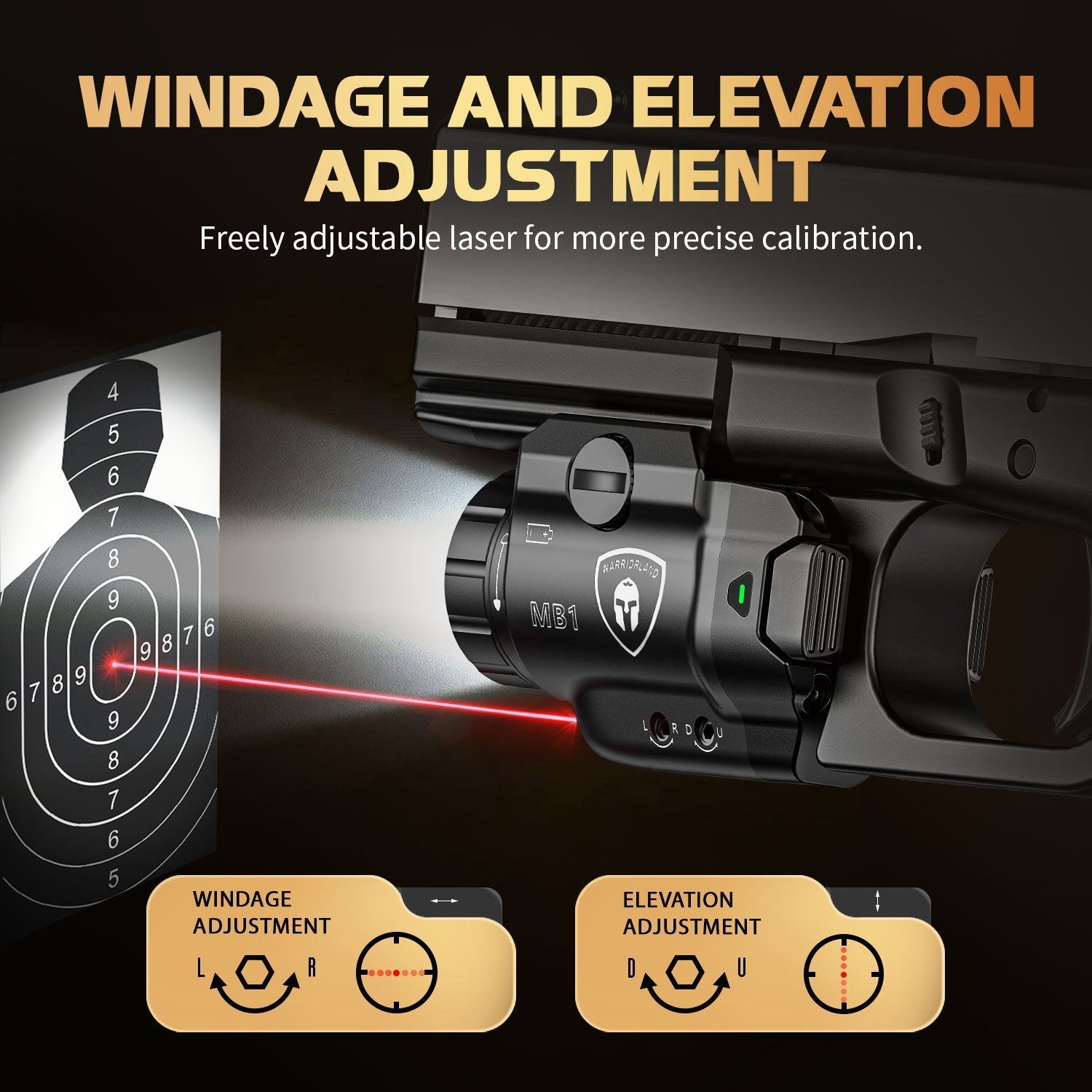 WARRIORLAND MB1 500 Lumens Pistol Light with Red Laser White LED Combo, Compact Weapon Light with Universal Rails fit for G17 G19 P365 1911 and Other 60+ Models, Tactical Light with Battery Indicator - WARRIORLAND