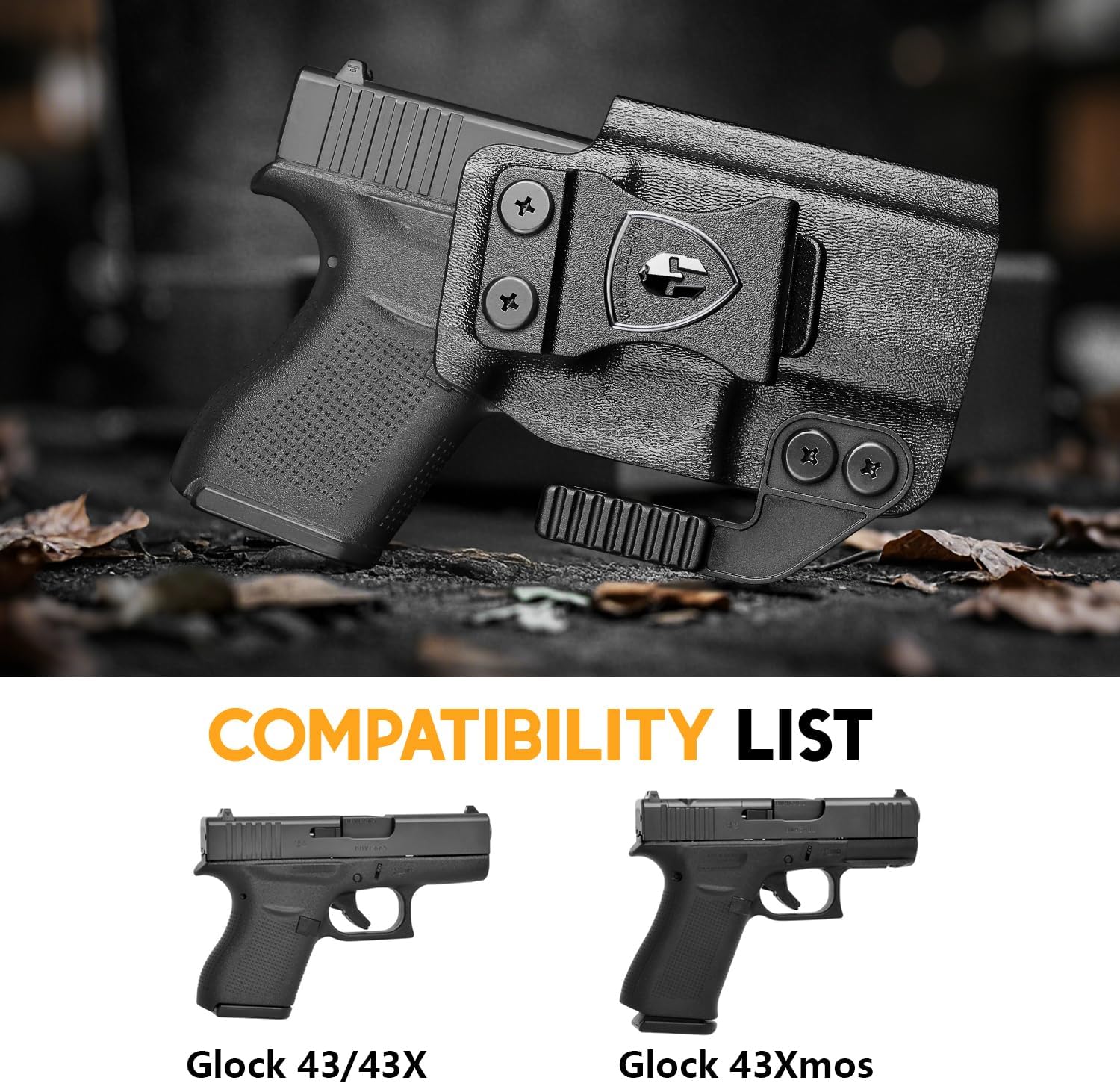 WARRIORLAND Kydex Holster, Fits Glock 43 / 43X / 43X MOS, IWB Carry, Adj. Retention, with Claw & Right-Hand - WARRIORLAND