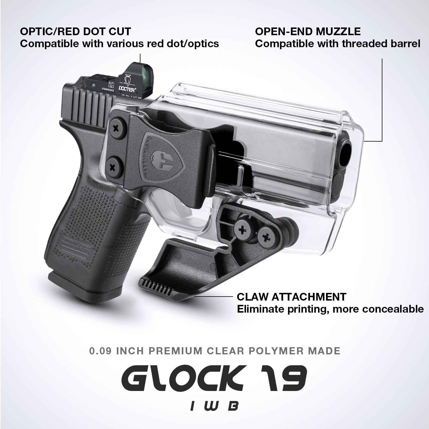 Clear Polymer IWB Holsters with Claw Glock 17 19  23 32 Gen 4 5 19X 44 45 Red Dot Optics Cut Appendix Concealment Carry Trigger Guard | WARRIORLAND