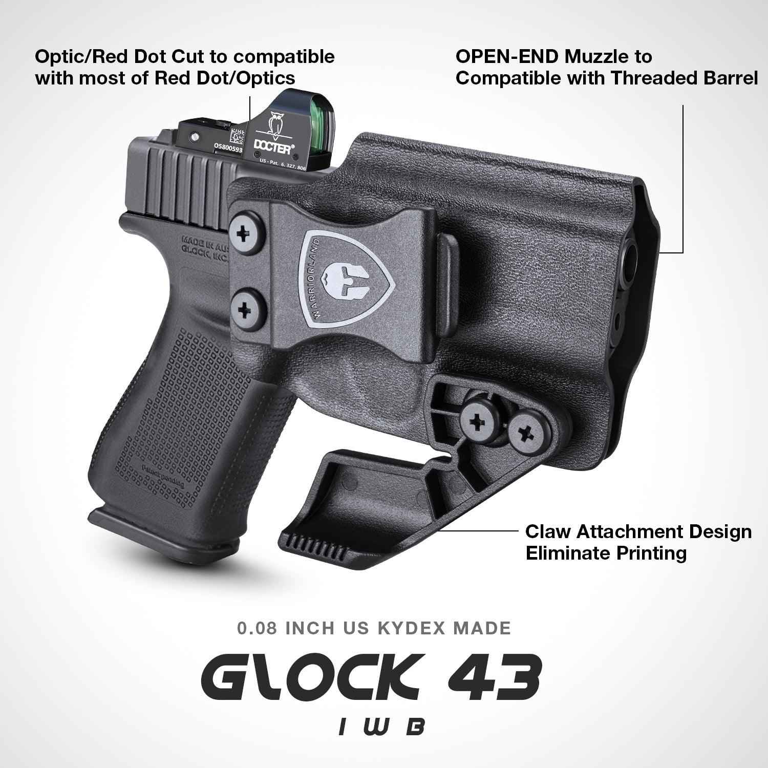 Glock 43 / 43x Kydex Holster with Claw and Red Dot Optics Cut for Appendix Carry - WARRIORLAND