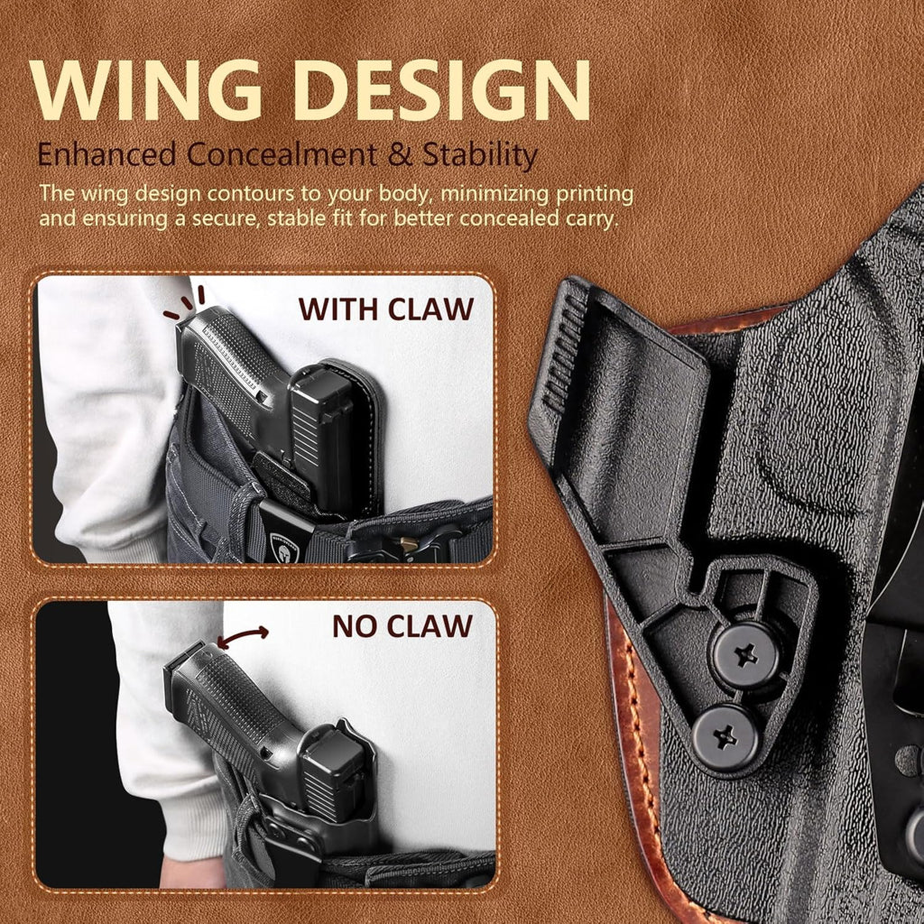 WARRIORLAND IWB Hybrid Holster Compatible with Glock 17/ 19 Gen 3-5 & 23/ 32 Gen 3-4 & G19X 44 45 & their MOS version, Concealed Carry Polymer & Leather Holster with Claw/Optics Cut Ready, Right Hand（Brown） - WARRIORLAND