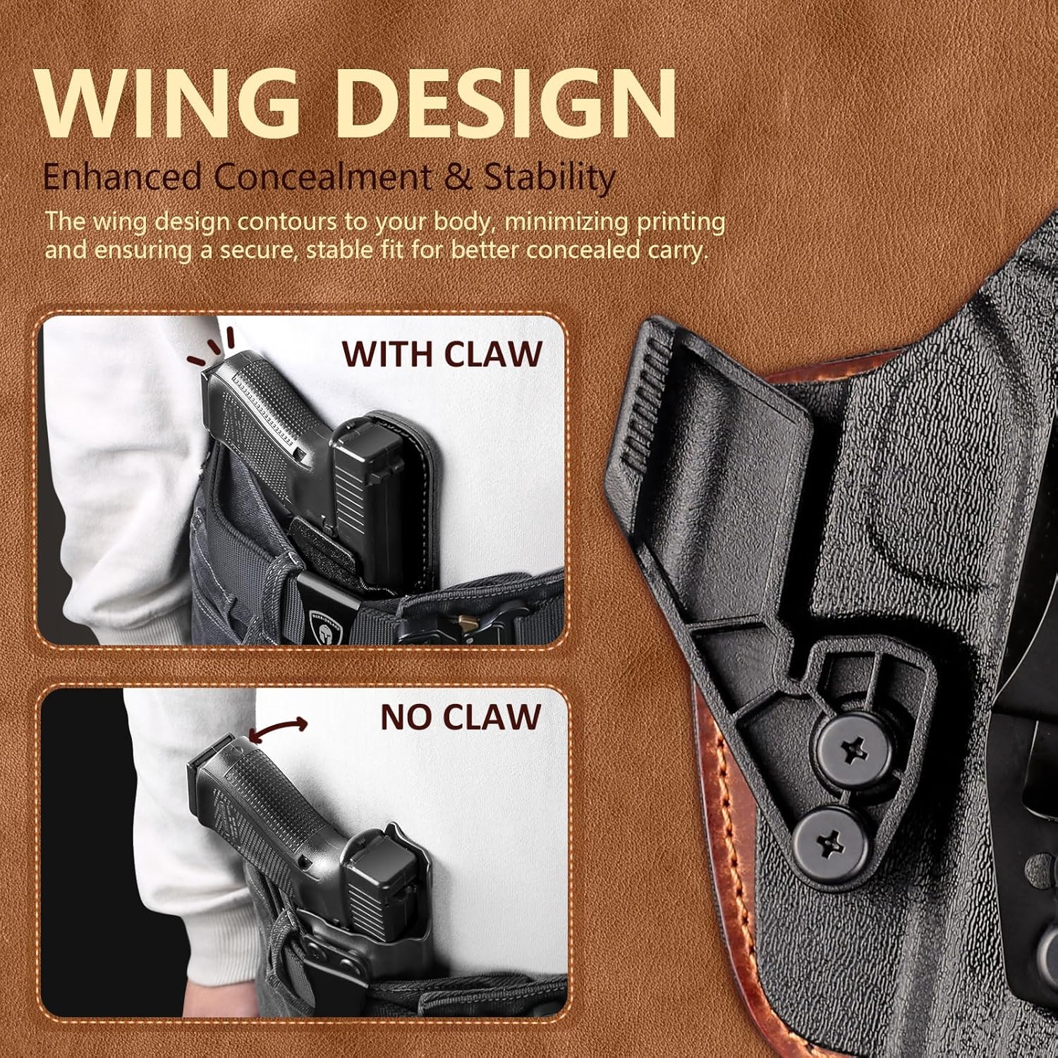 WARRIORLAND IWB Hybrid Holster Compatible with Glock 17/ 19 Gen 3-5 & 23/ 32 Gen 3-4 & G19X 44 45 & their MOS version, Concealed Carry Polymer & Leather Holster with Claw/Optics Cut Ready, Right Hand（Brown） - WARRIORLAND