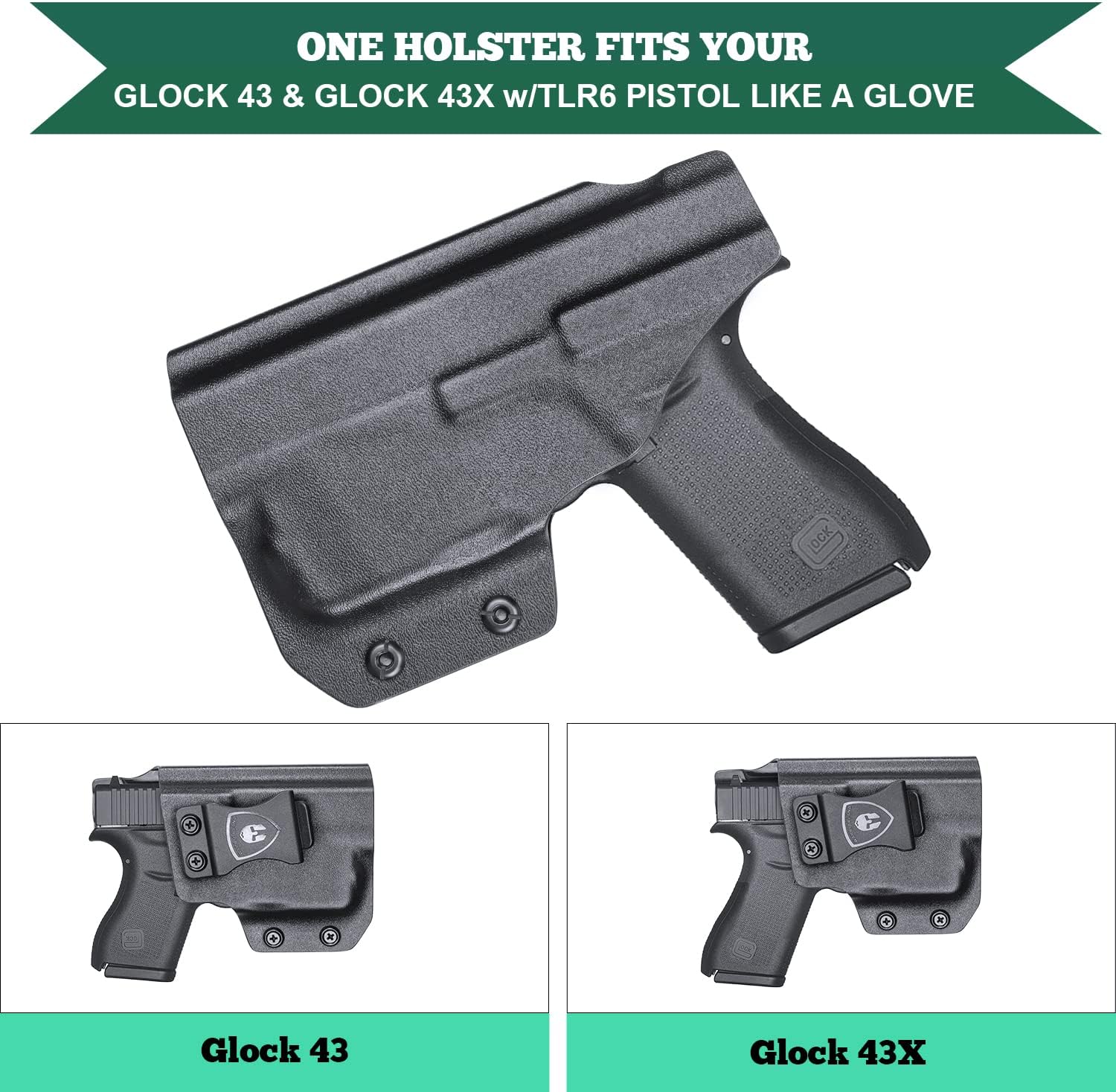 WARRIORLAND IWB Kydex Holster Fit Glock 43/43X with TLR-6 /TLR-6 HL - Not Fit MOS, Inside Waistband Holster, Adj. Cant & Retention, Right/Left Hand Option - WARRIORLAND
