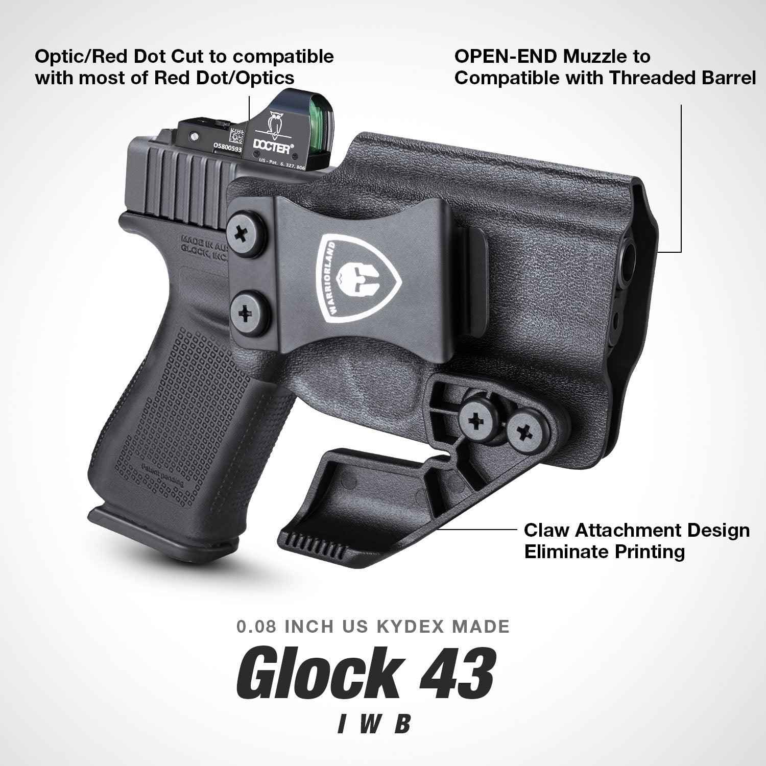 1.75 Inch Metal Clip IWB Kydex Holsters with Claw for Glock 43/43X  Red Dot Sight Optics Cut Trigger Guard Holster for big fat guys | Right Hand
