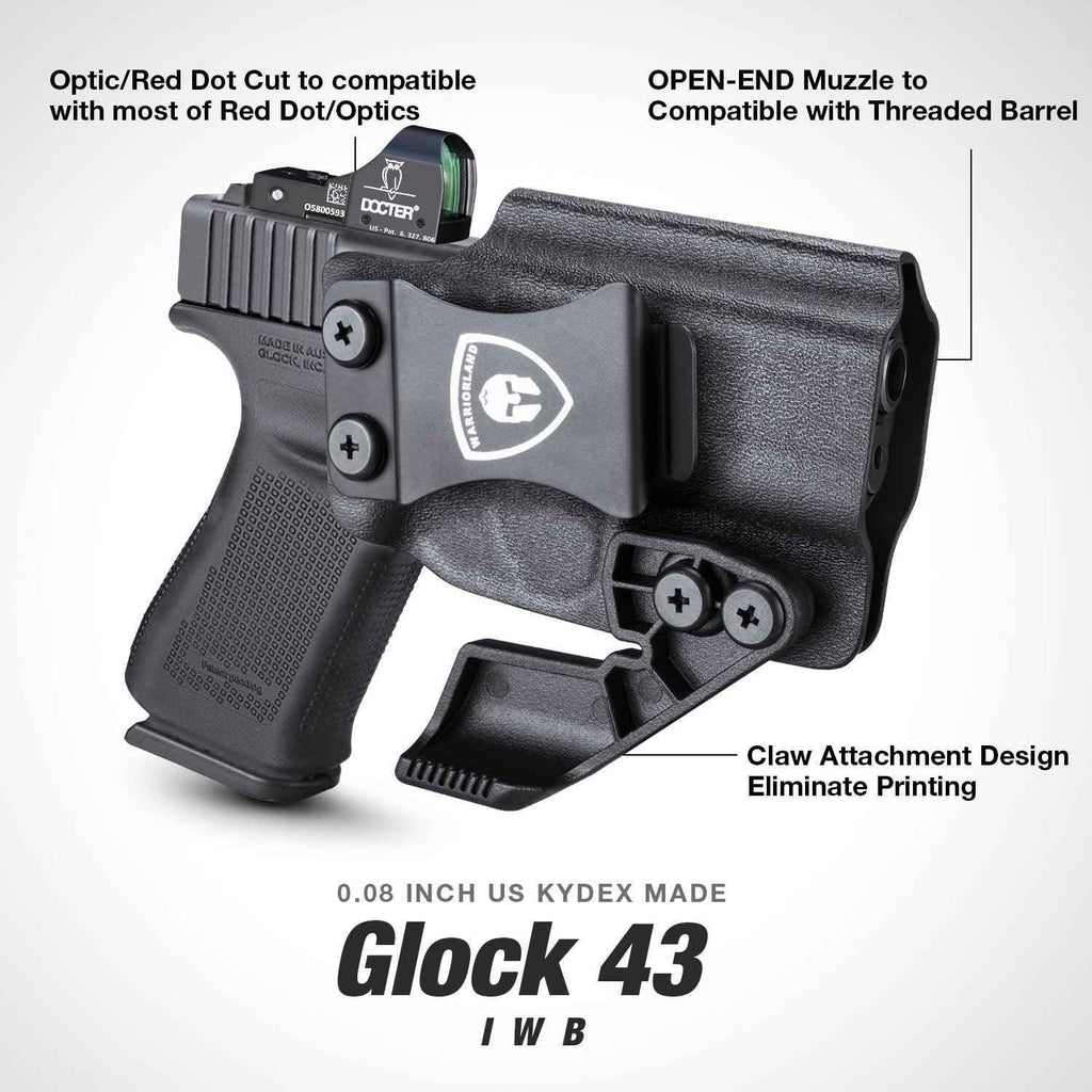 1.75 Inch Metal Clip IWB Kydex Holsters with Claw for Glock 43/43X  Red Dot Sight Optics Cut Trigger Guard Holster for big fat guys | Right Hand