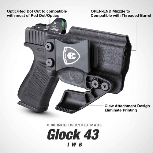 1.75 Inch Metal Clip IWB Kydex Holsters with Claw for Glock 43/43X  Red Dot Sight Optics Cut Trigger Guard Holster for big fat guys | Right Hand
