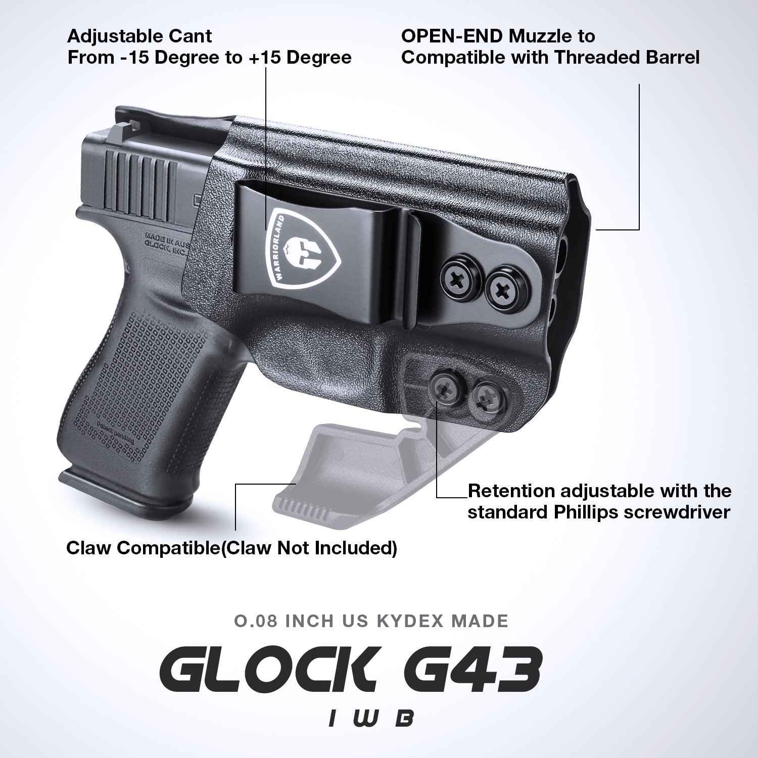 IWB Kydex Glock 43 Holster with Adjustable Ride Height and Metal Belt Clip | WARRIORLAND