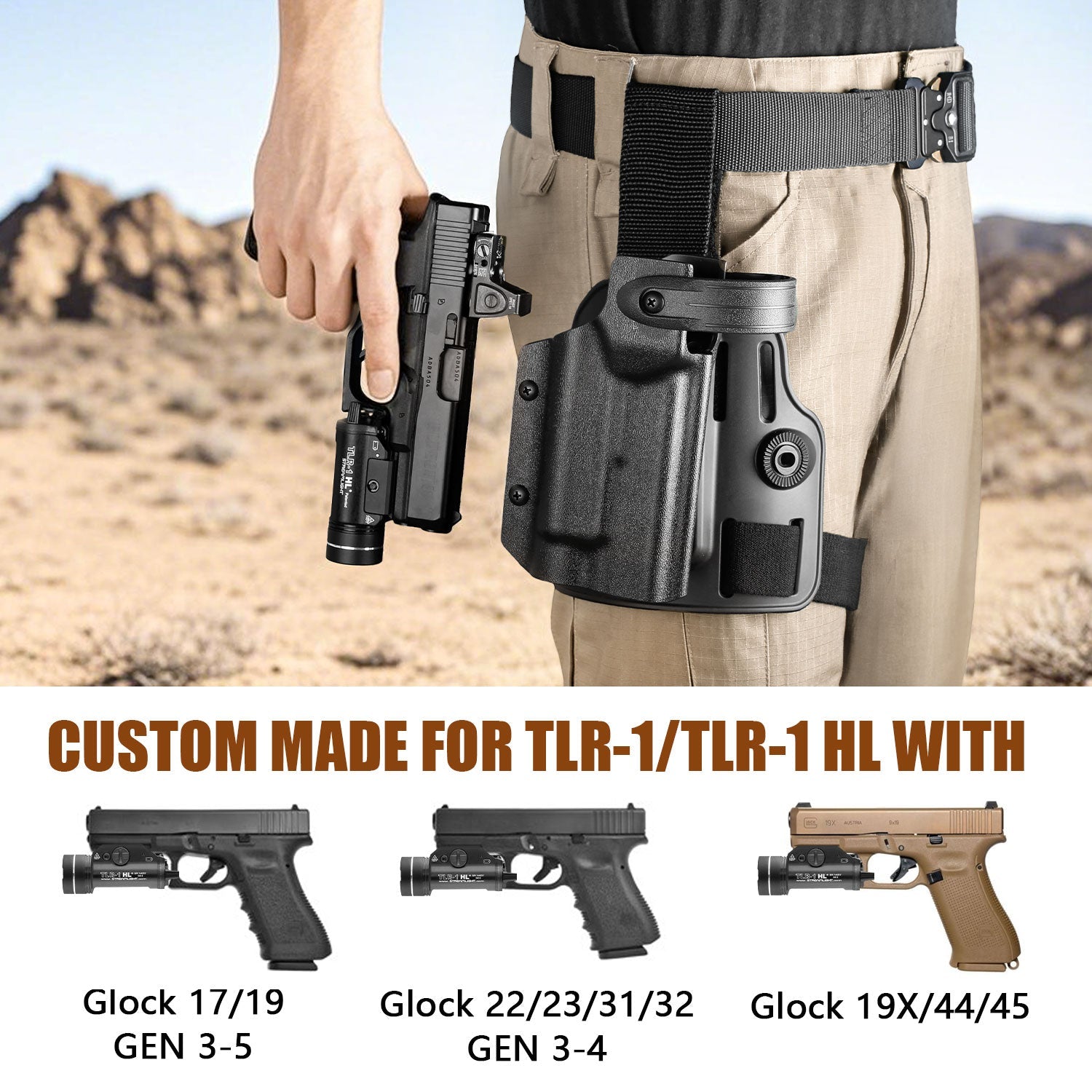 WARRIORLAND Drop Leg Platform for Glock 17/19 (Gen3-5), Glock 22/23/31/32 (Gen3-4), Glock 19X/44/45 w/TLR-1- Level 2 Holster + Mag Holes - Adjustable (No Mag Pouches) Red dot compatible - WARRIORLAND