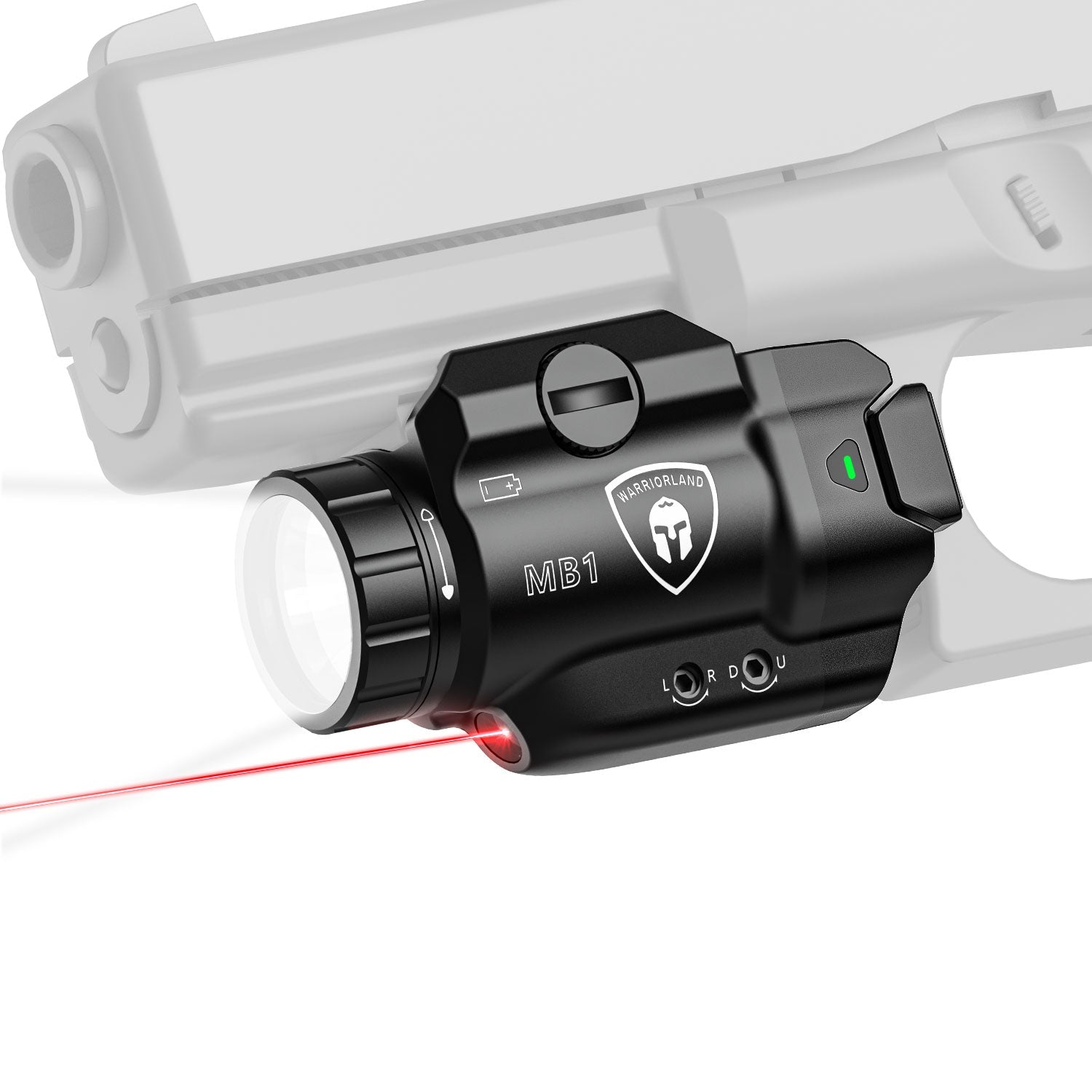 WARRIORLAND MB1 500 Lumens Pistol Light with Red Laser White LED Combo, Compact Weapon Light with Universal Rails fit for G17 G19 P365 1911 and Other 60+ Models, Tactical Light with Battery Indicator - WARRIORLAND