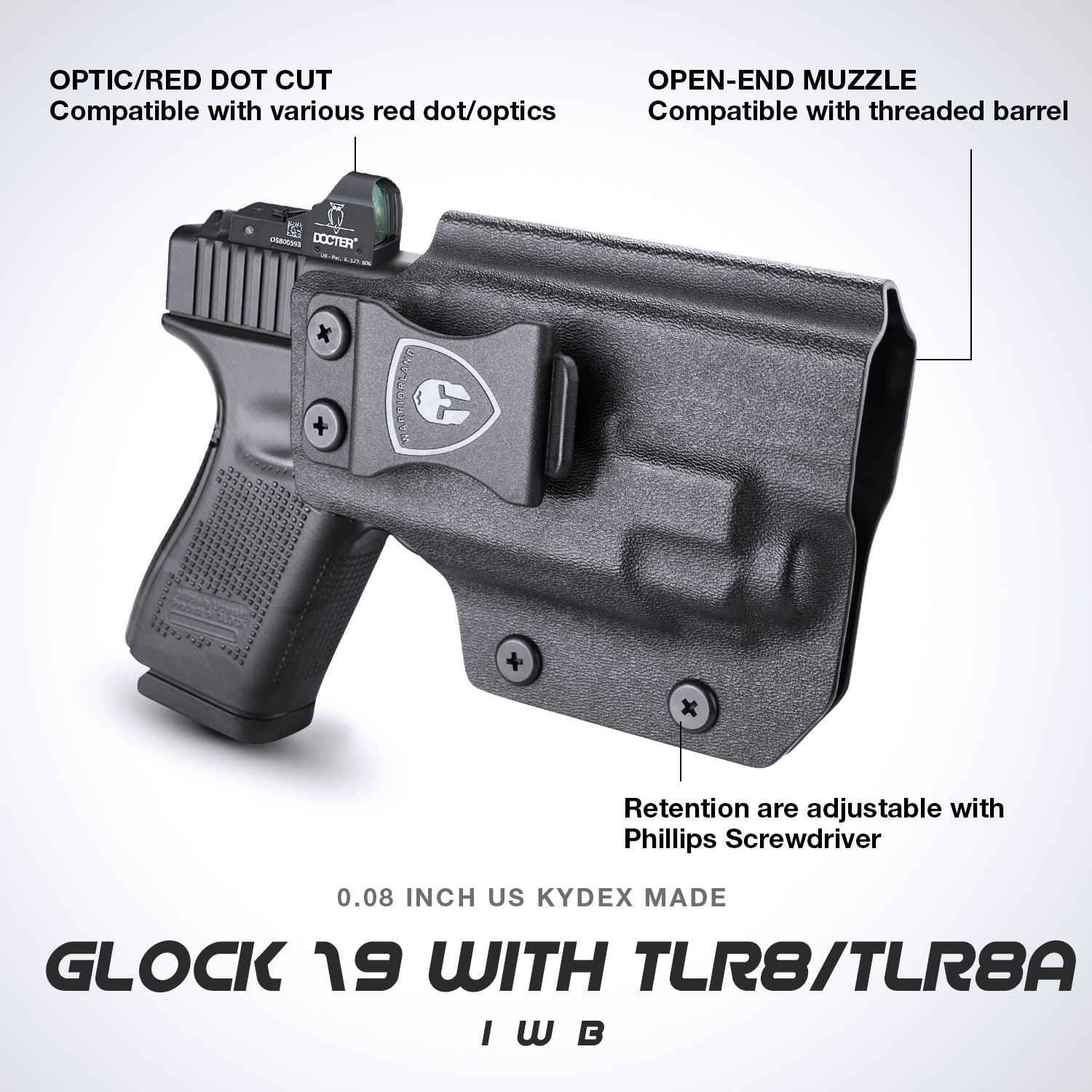 Glock 19 TLR8/TLR8A Holster IWB Kydex Holster Optic Cut Fit: Glock 17 19 19X 44 45 Gen 3-5 & Glock 23 32 Gen 3-4 TLR-8/TLR-8A, Inside Waistband Conceal Carry, Adj Retention, Right Hand | WARRIORLAND