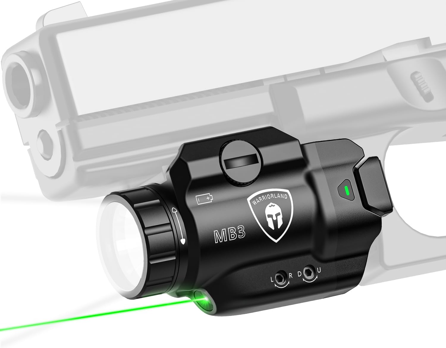 WARRIORLAND MB3 Compact Pistol Light, Fit for G17 /G19 /P365 /G3C /M&P 9 /Hellcat Pro/1911 and Other 60+ Handguns, 500-Lumens Rail Mounted Tactical Weapon Light with Green Laser & LED, Power Indicator - WARRIORLAND
