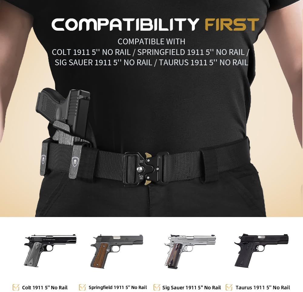 WARRIORLAND IWB Hybrid Kydex&Nylon Gun Holster for Colt 1911 Holster,Fits 1911 5'' No Rail Optics Cut Pistol Holster,Concealed Carry Holster for Men/Wome,Right Hand - WARRIORLAND