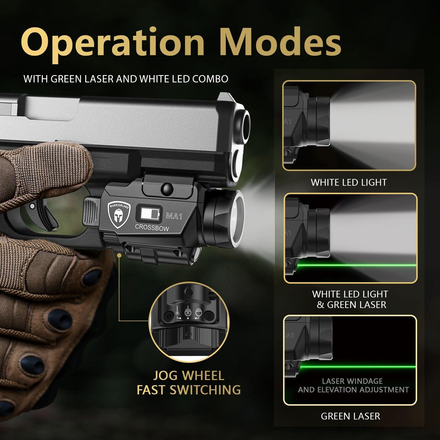 Universal Light Laser Combo with Glock 17/19 KYDEX Left Hand Holster, Green Laser & White LED Tactical Light, Magnetic USB Rechargeable Flashlight-Screen Displays Battery Status, Crossbow MA1|WARRIORLAND - WARRIORLAND