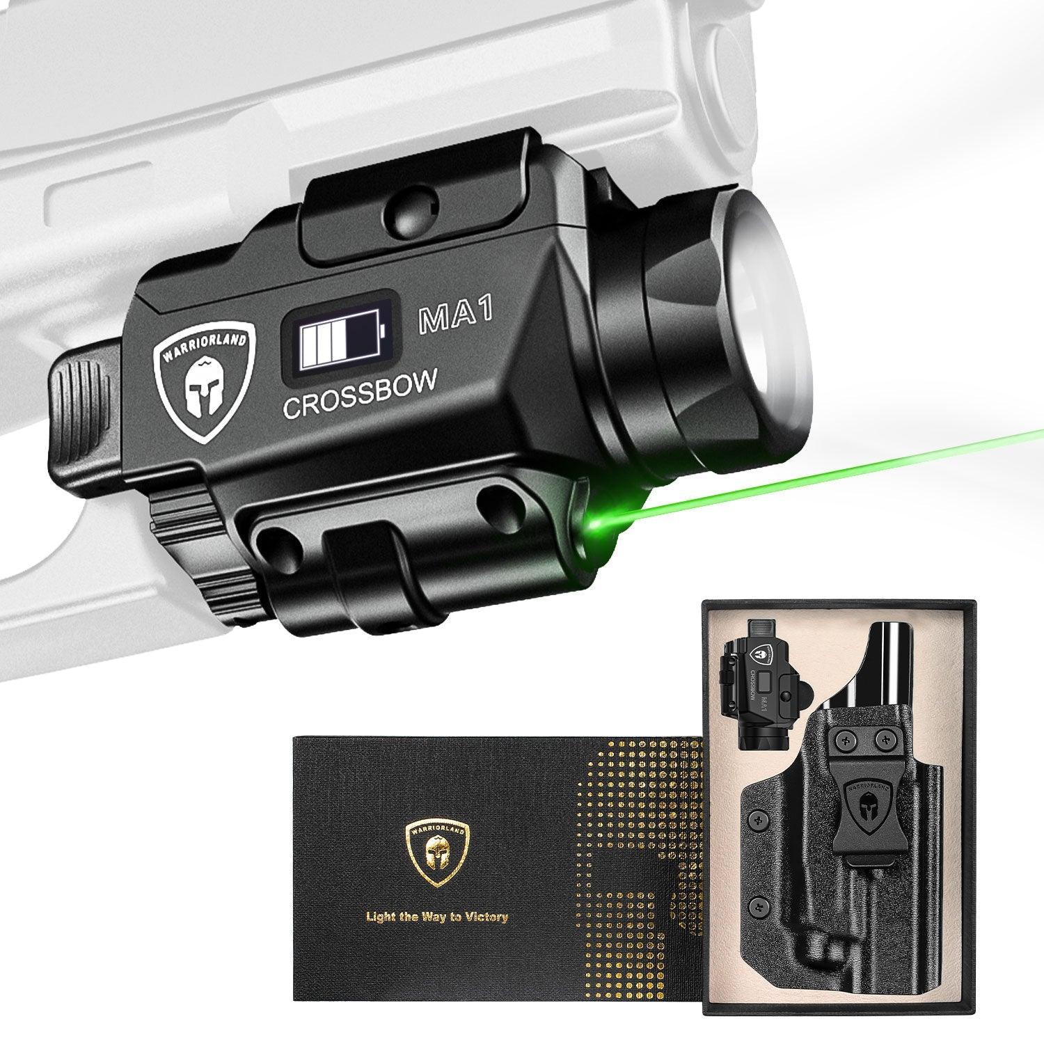 Universal Light Laser Combo with Glock 17/19 KYDEX Left Hand Holster, Green Laser & White LED Tactical Light, Magnetic USB Rechargeable Flashlight-Screen Displays Battery Status, Crossbow MA1|WARRIORLAND - WARRIORLAND