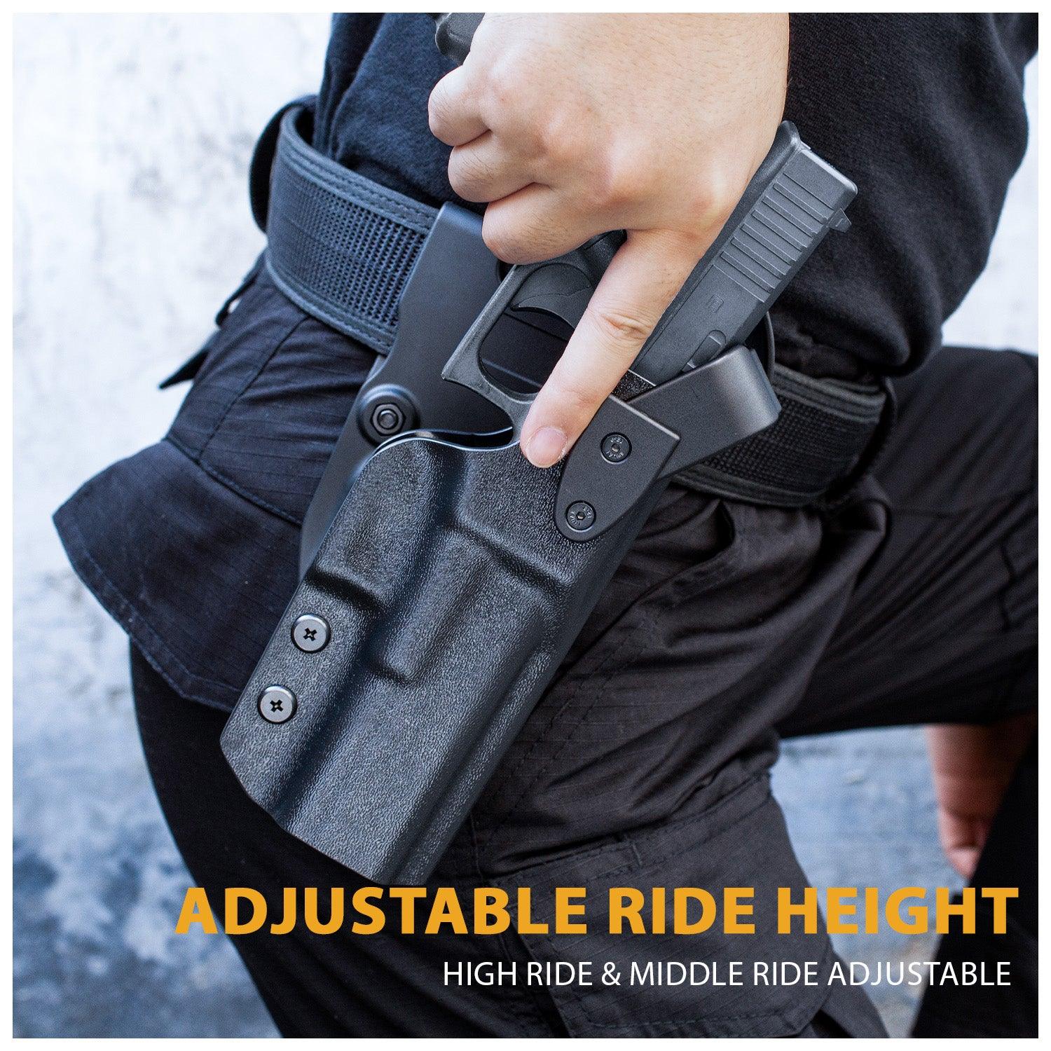 Glock 17 Holster Level II Retention w/Hook Guard & Rotating Hood: Glock G17/G19/G34 Gen3-5  G19X G23/G22/G31/G32 Gen3-4 G44  G45, 2.25 Inch Outside Waistband Holster G17, Adj. Retention & Ride Height, Right|WARRIORLAND - WARRIORLAND