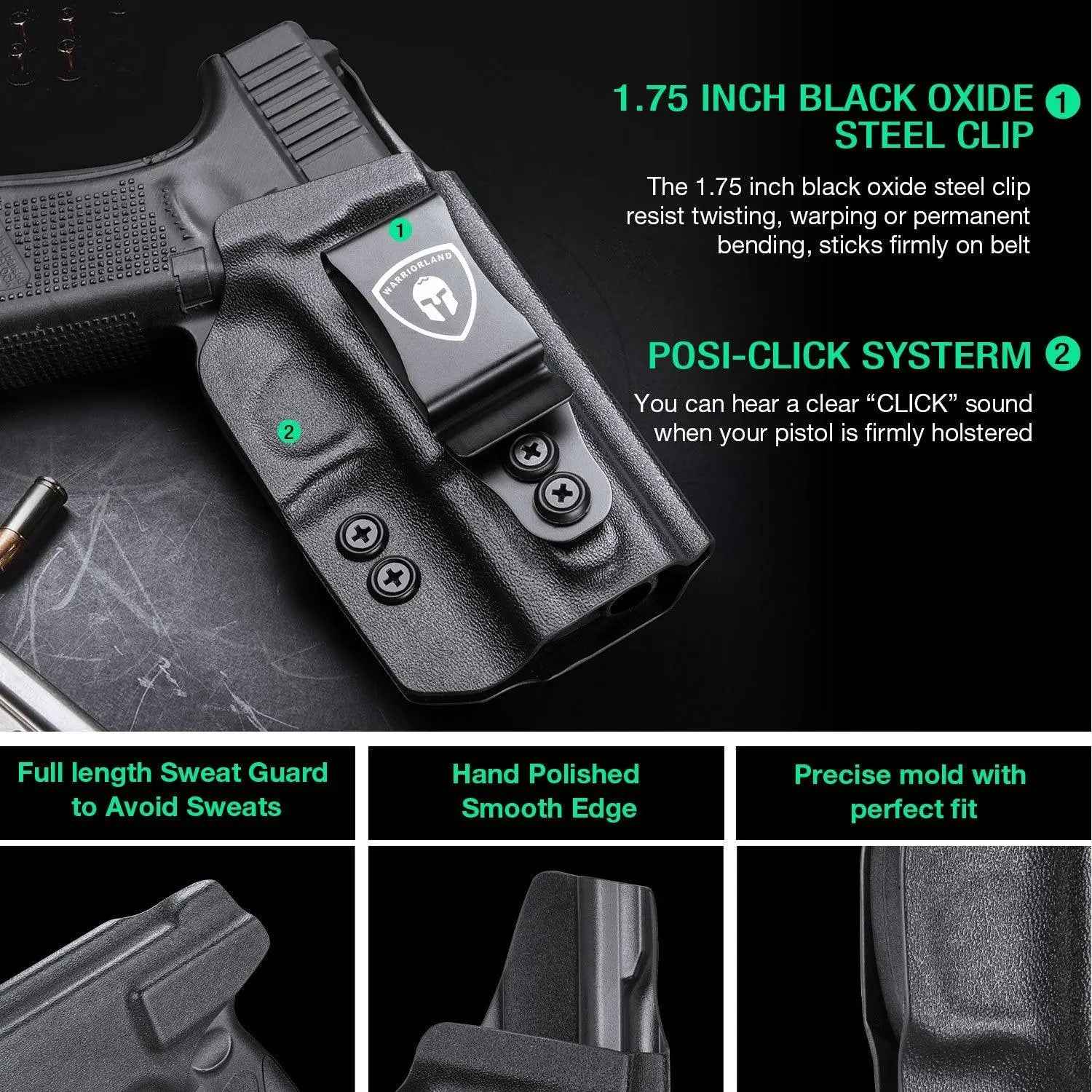 IWB Glock Holster for 17 19 23 26 32 Gen 4 5 19X 44 45 with Adjustable Ride Height and Metal Belt Clip | WARRIORLAND