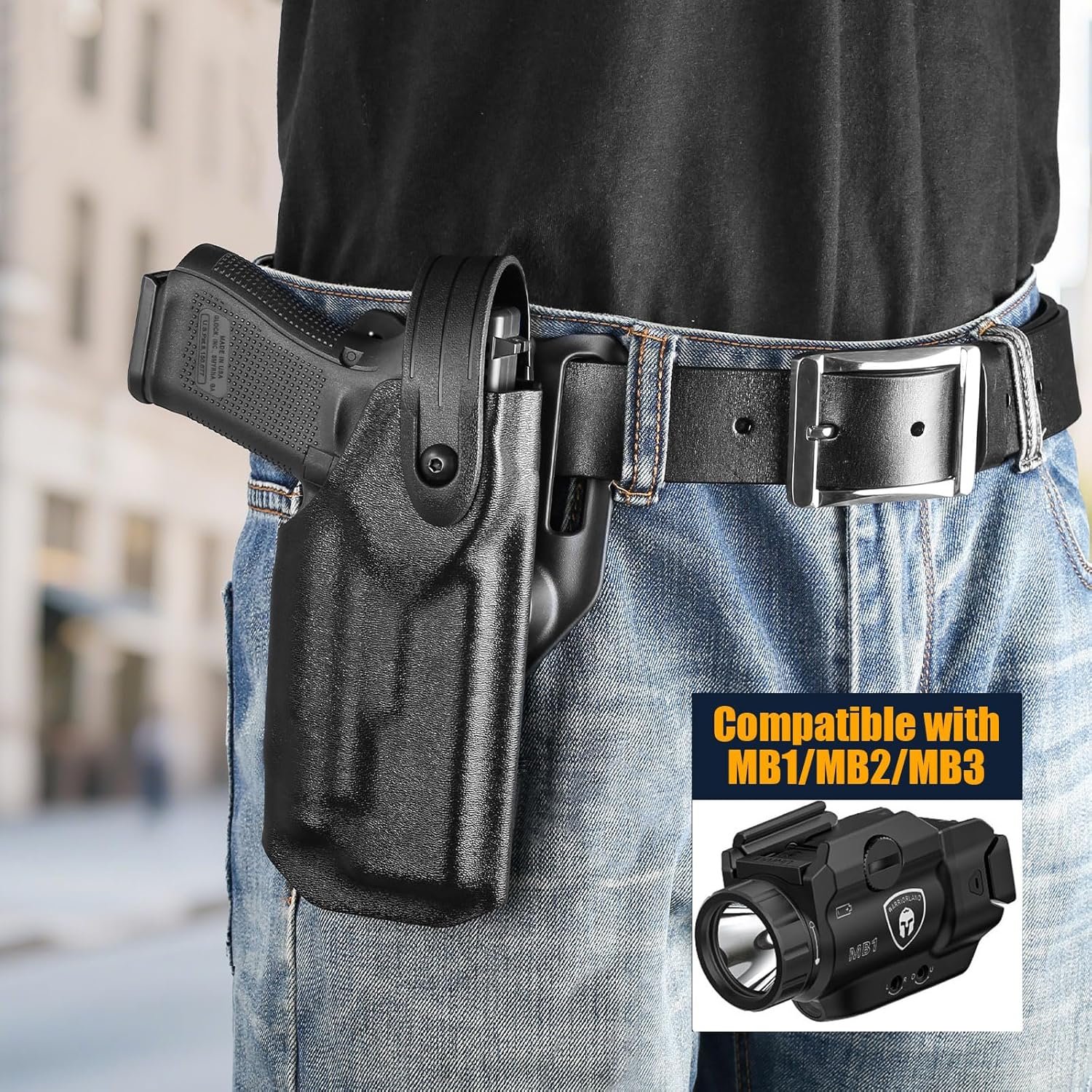WARRIORLAND OWB Kydex Holster light bearing holster for Glock 17/19 Gen 3-5 - Thumb Release - Level II Retention - MB1/MB2/MB3 Compatible - Right Hand - WARRIORLAND