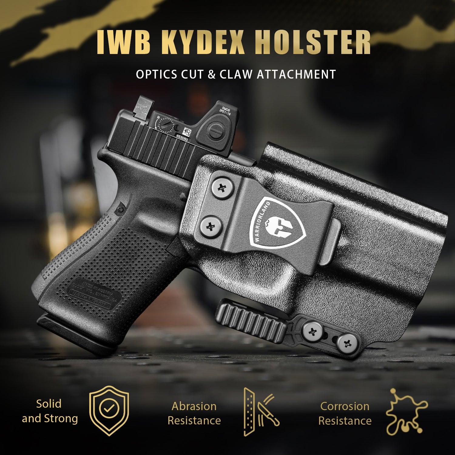 IWB Kydex Holster with Claw and Optic Cut: Glock 17/19/26/34 Gen3-5、Glock 17/19 Gen 4-5 MOS、Glock 23/32 Gen3-4,G19X G26 Gen5 MOS G34 Gen5 MOS G44 G45 G45 MOS Inside Waistband Appendix Carry G19 Holster, Adj. Cant & Retention, Right Hand|WARRIORLAND - WARRIORLAND