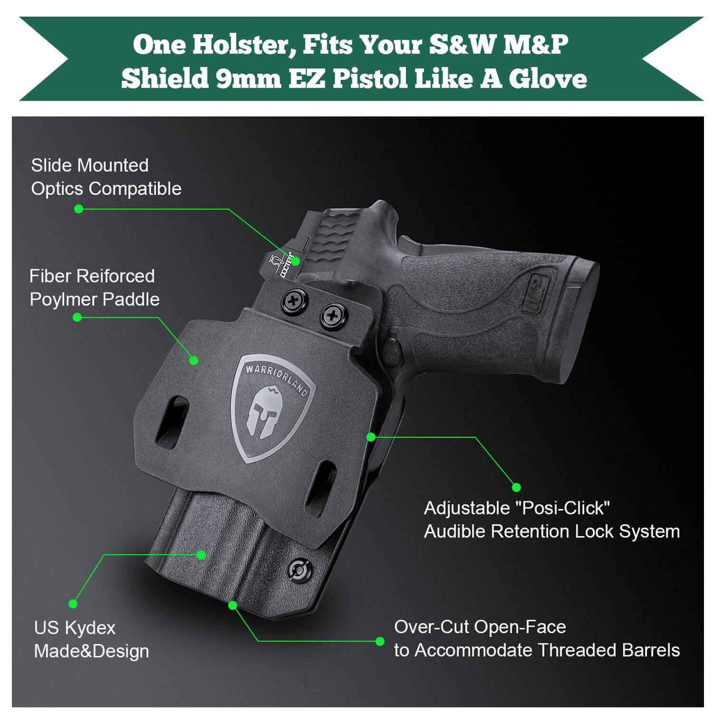 Kydex Appendix Open Carry OWB Paddle Holster with Red Dot Optics Cut for Smith & Wesson S&W M&P Shield 9mm 380 EZ Pistol Trigger Guard | WARRIORLAND