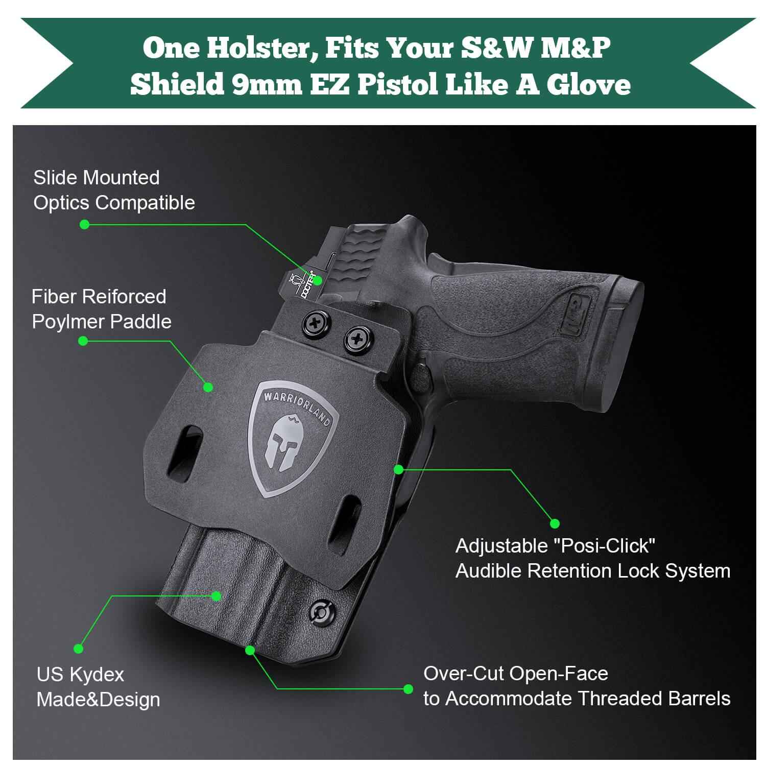 Kydex Appendix Open Carry OWB Paddle Holster with Red Dot Optics Cut for Smith & Wesson S&W M&P Shield 9mm 380 EZ Pistol Trigger Guard | WARRIORLAND