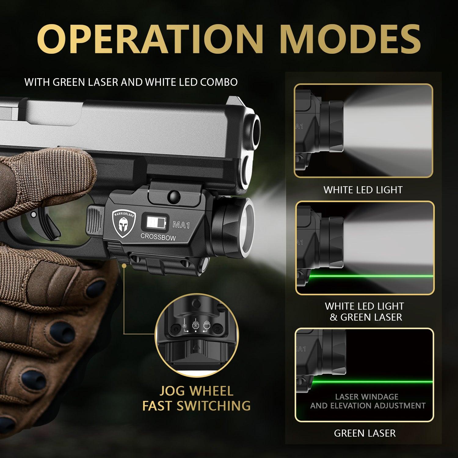 WARRIORLAND MA1 Laser Light Combo Holster, Fit for Glock 17/19 Gen 3-5 & 22/23/ 31/32 Gen 3-4 & Glock 19X/ 44/45, Compact 800 Lumen LED Gun Flashlight and Green Laser & OWB Holster, Rechargeable - WARRIORLAND