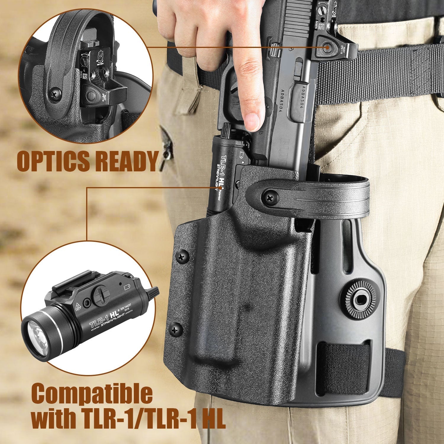 WARRIORLAND Drop Leg Platform for Glock 17/19 (Gen3-5), Glock 22/23/31/32 (Gen3-4), Glock 19X/44/45 w/TLR-1- Level 2 Holster + Mag Holes - Adjustable (No Mag Pouches) Red dot compatible - WARRIORLAND