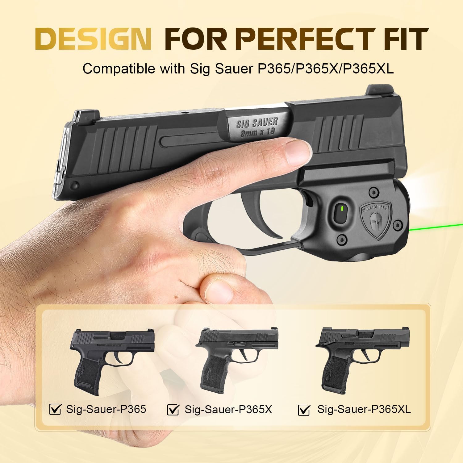 WARRIORLAND Pistol Light Laser & Holster Fit for Sig P365/ P365X/ P365XL, Compact 150-Lumen Trigger Mounted Tactical Weapon Light with Green Laser White LED Flashlight & IWB Holster, Power Indicator - WARRIORLAND