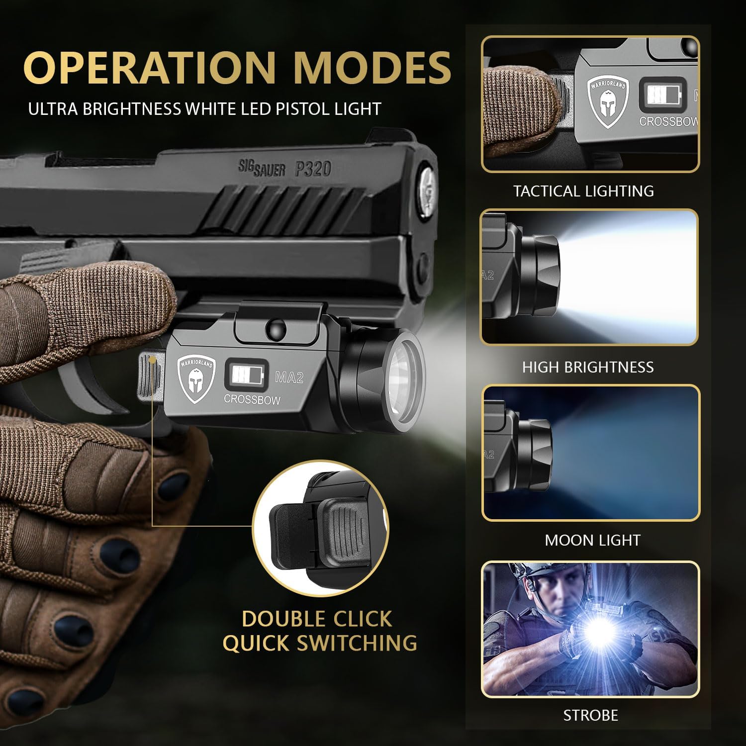 WARRIORLAND Crossbow MA2 Universal Rail Mounted 800 Lumens Pistol Light with P320 Compact M18 IWB Kydex Holster Combo, Magnetic USB Charging Tactical Light with Screen Displays Battery Status - WARRIORLAND