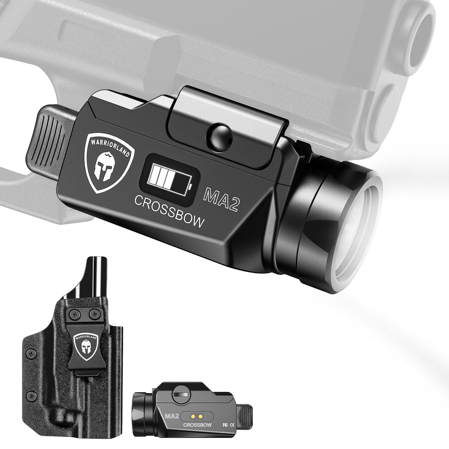 WARRIORLAND Universal Tactical Light Fit Glock 17/19 KYDEX Holster Combo, 800 Lumens Light, Magnetic USB Charging Universal Weapon Light-Screen Displays Battery Status, Crossbow MA2 w/ G19 Holster - WARRIORLAND