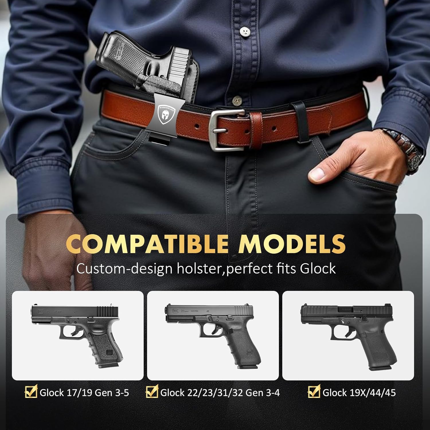 WARRIORLAND IWB Hybrid Holster Compatible with Glock 17/ 19 Gen 3-5 & 23/ 32 Gen 3-4 & G19X 44 45 & their MOS version, Concealed Carry Polymer & Leather Holster with Claw/Optics Cut Ready, Right Hand - WARRIORLAND