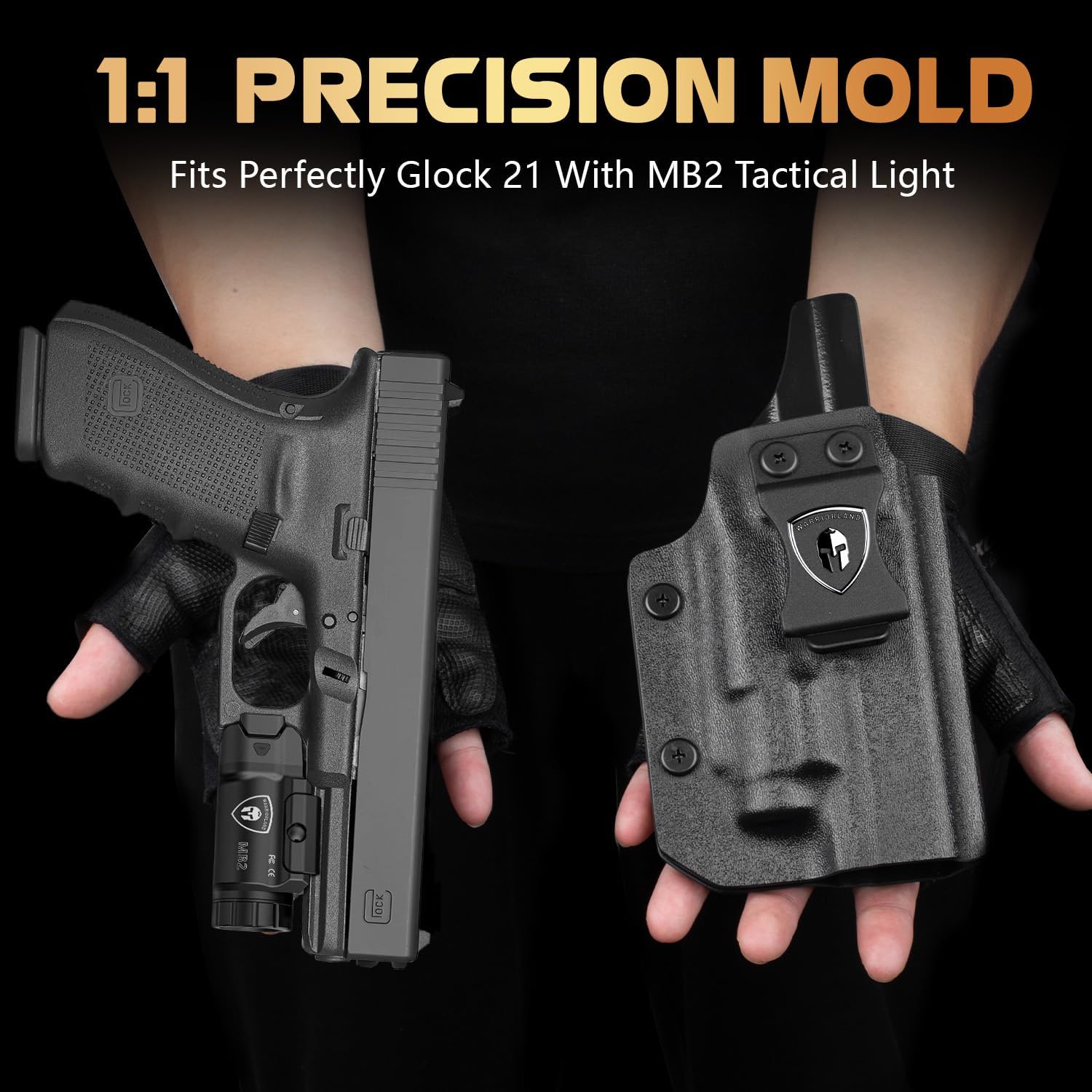 WARRIORLAND MB2 Pistol Light with Custom Holster Fit for Glock 21, Compact 500-Lumen Tactical Weapon Light White LED Flashlight with Power Indicator & IWB Conceal Carry Holster - WARRIORLAND