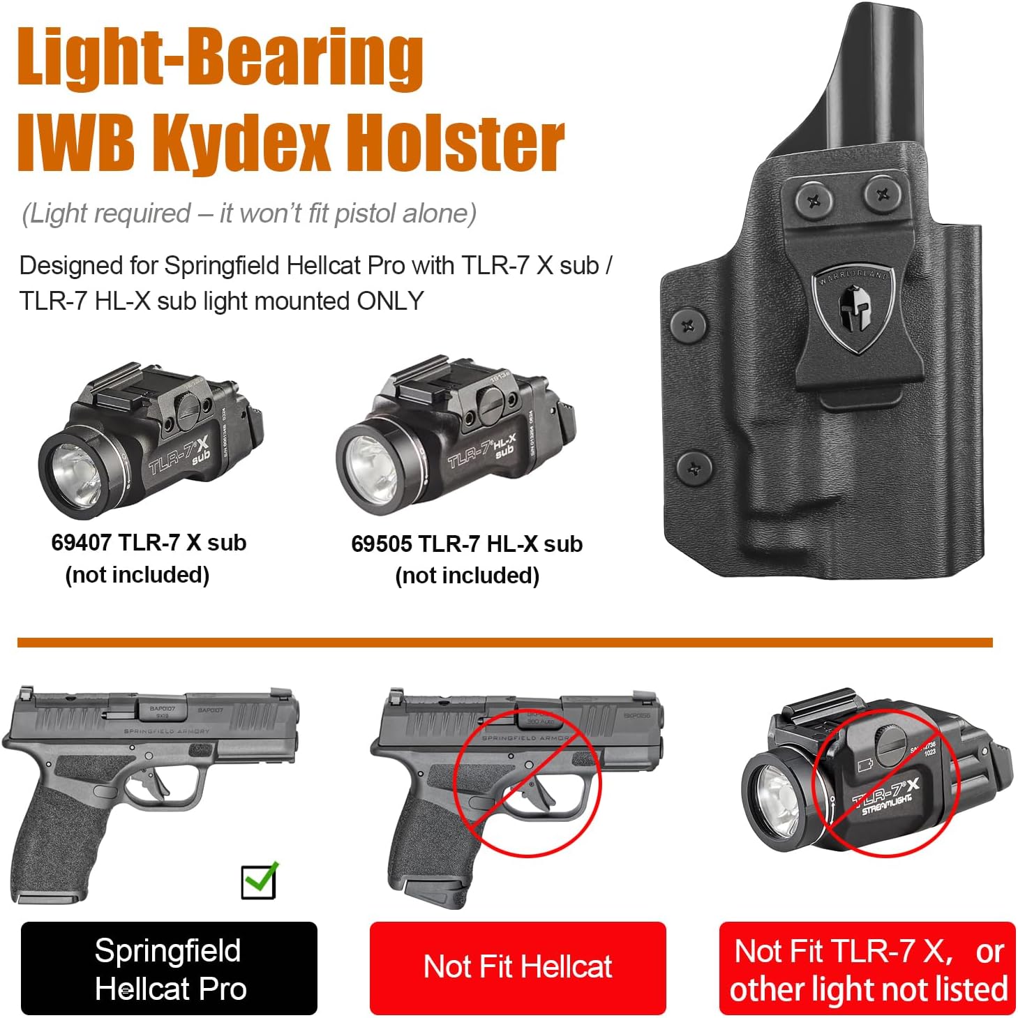 WARRIORLAND IWB Kydex Holster for Hellcat Pro OSP with TLR-7 X Sub or TLR-7 HL-X Sub, Light-Bearing Design, Optics Cut, Adjustable Cant & Posi-Click Retention, Right Hand Draw - WARRIORLAND