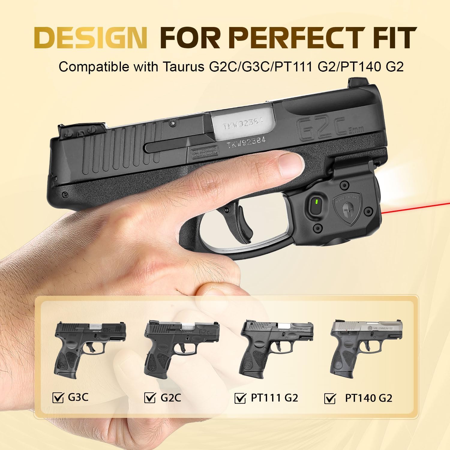WARRIORLAND Pistol Light Laser & Holster Fit for Taurus G2C/ G3C/ PT111 G2 / PT140 G2, Compact 150-Lumen Trigger Mounted Tactical Weapon Light with Red Laser White LED & IWB Holster, Power Indicator - WARRIORLAND