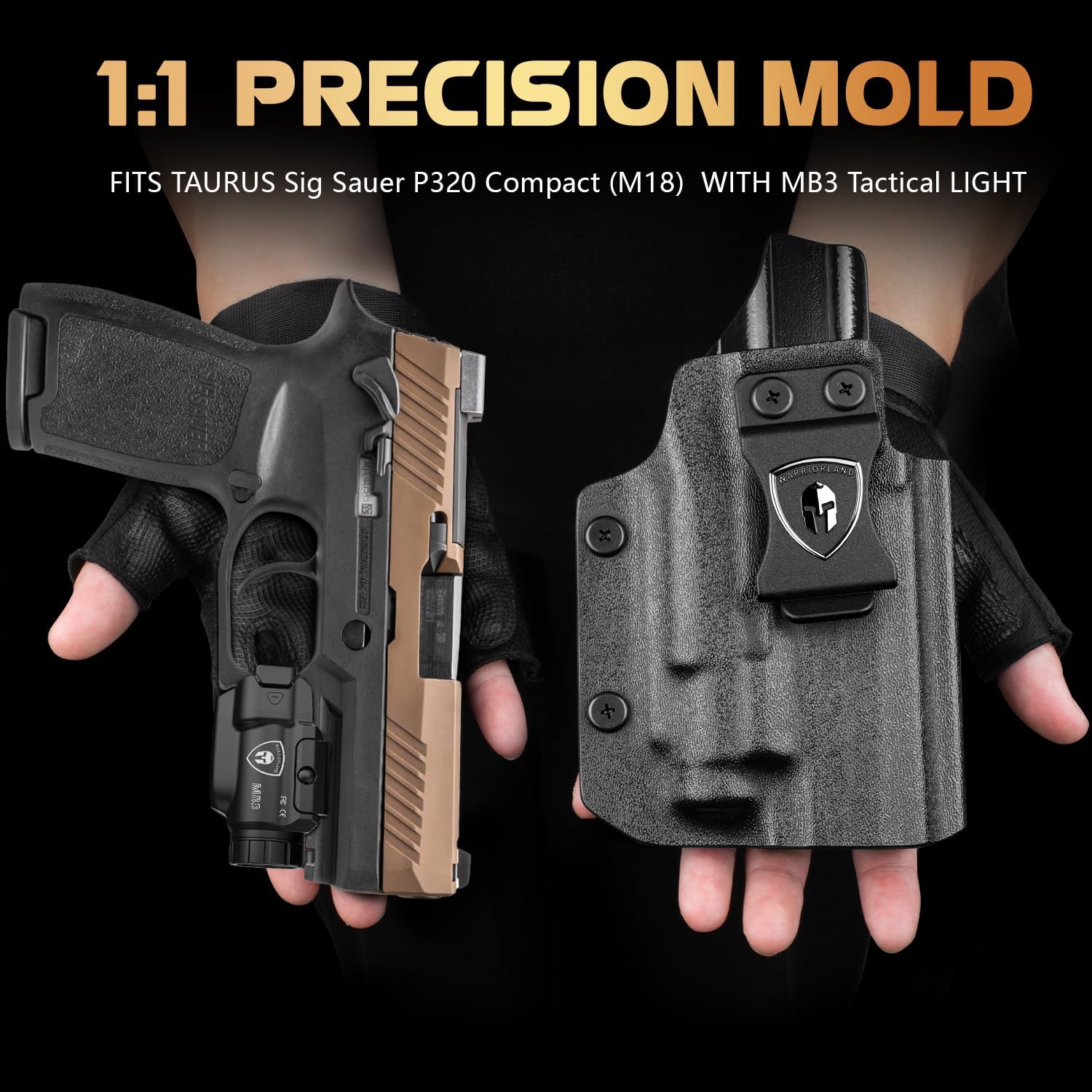 WARRIORLAND MB3 Pistol Light and Custom Kydex Holster, Fit for Sig Sauer P320 Compact M18, Compact 500 Lumens Universal Rail Mounted Tactical Weapon Light with Green Laser & White LED, Power Indicator - WARRIORLAND