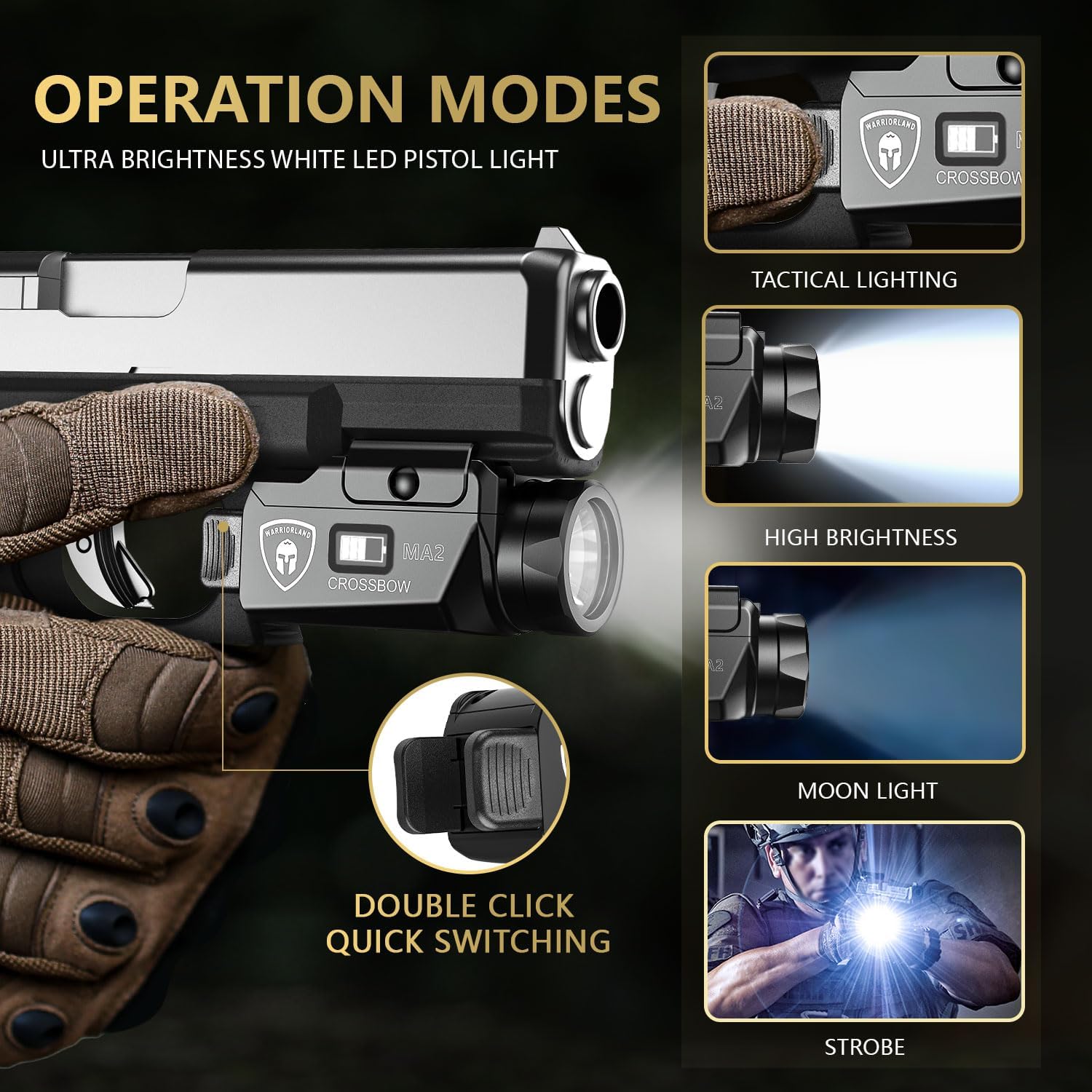 WARRIORLAND MA2 Universal Rail Mounted 800 Lumens Pistol Light with Glock 17/19 OWB Kydex Holster Combo, Magnetic USB Charging Tactical Light with Screen Displays Battery Status - WARRIORLAND