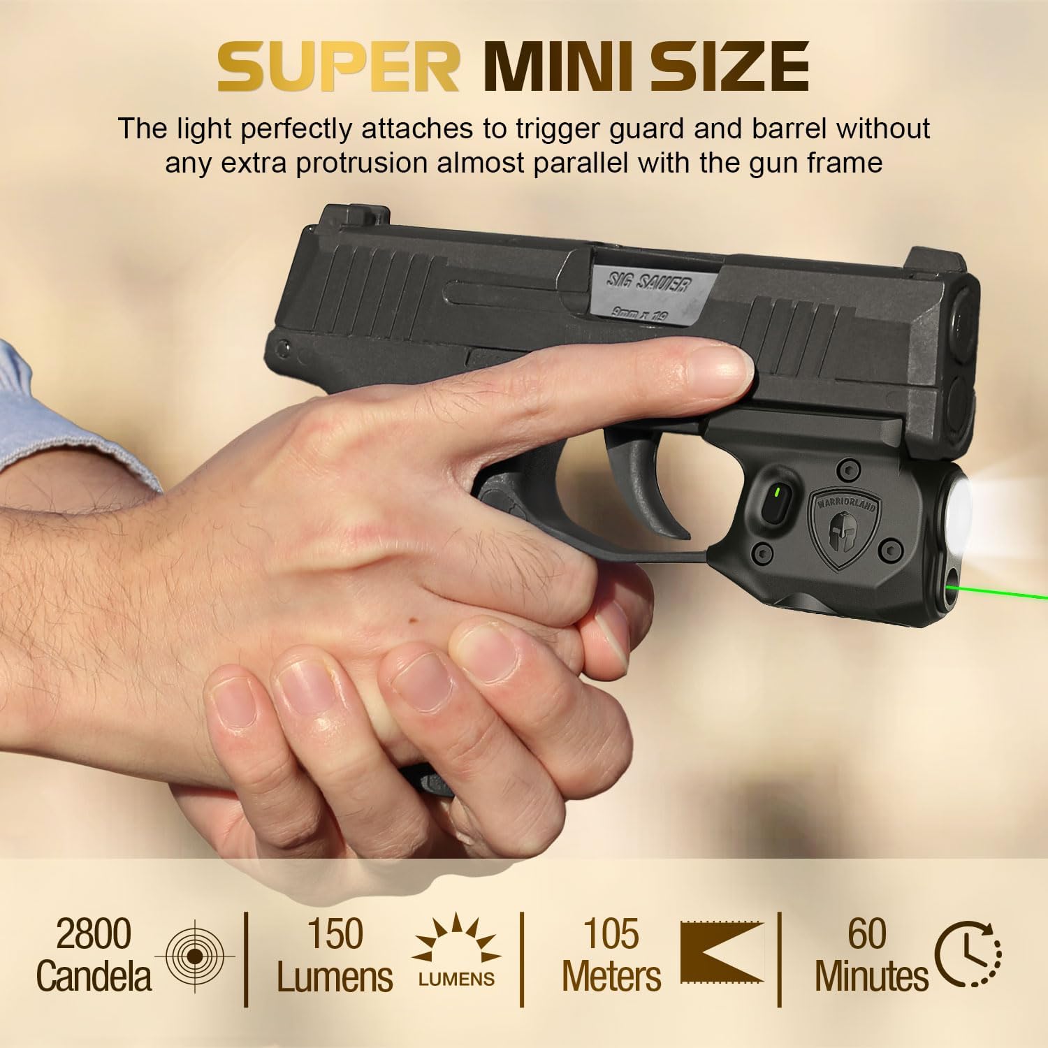 WARRIORLAND Pistol Light Laser Combo Fits Sig Sauer P365/ P365X/ P365XL, Compact 150-Lumen Trigger Mounted Tactical Weapon Light with Green Laser & White LED Flashlight, with Power Indicator, SLL-103G - WARRIORLAND