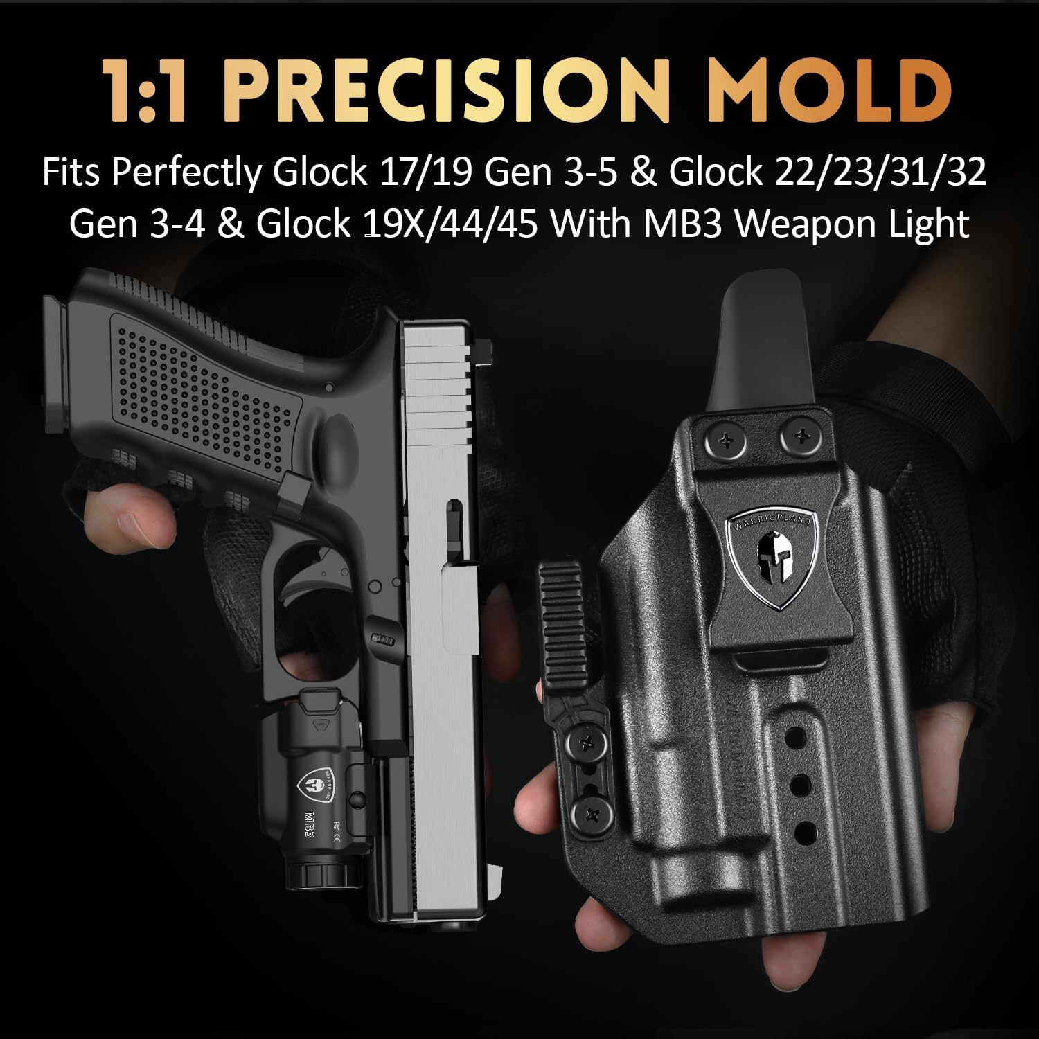 WARRIORLAND MB3 Pistol Light and Custom Kydex Holster, Fit for Glock 17/19 Gen 3-5 & Glock 22/23/31/32 Gen 3-4 & Glock 19X/44/45, Compact Universal Tactical Weapon Light with Green Laser & White LED - WARRIORLAND