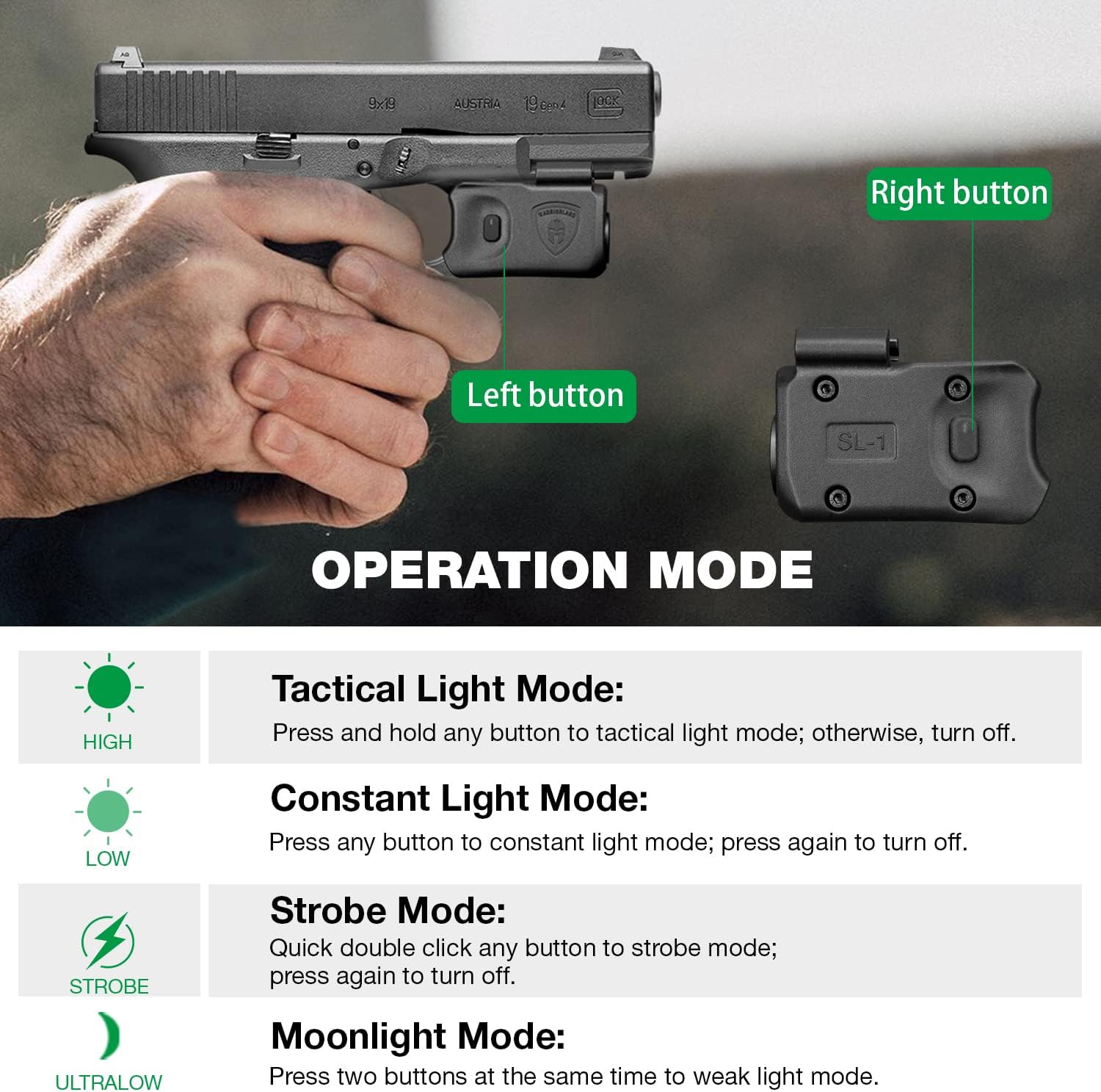 WARRIORLAND Mini Pistol Light with Kydex Holster Tailored Made Compatible with Glock 17/19/21/22 Gen 3 4 5 & G23/32 Gen 4 Pistol, 150 Lumen Glock Railed Handgun Light, LED Tactical Flashlight SL-1 - WARRIORLAND