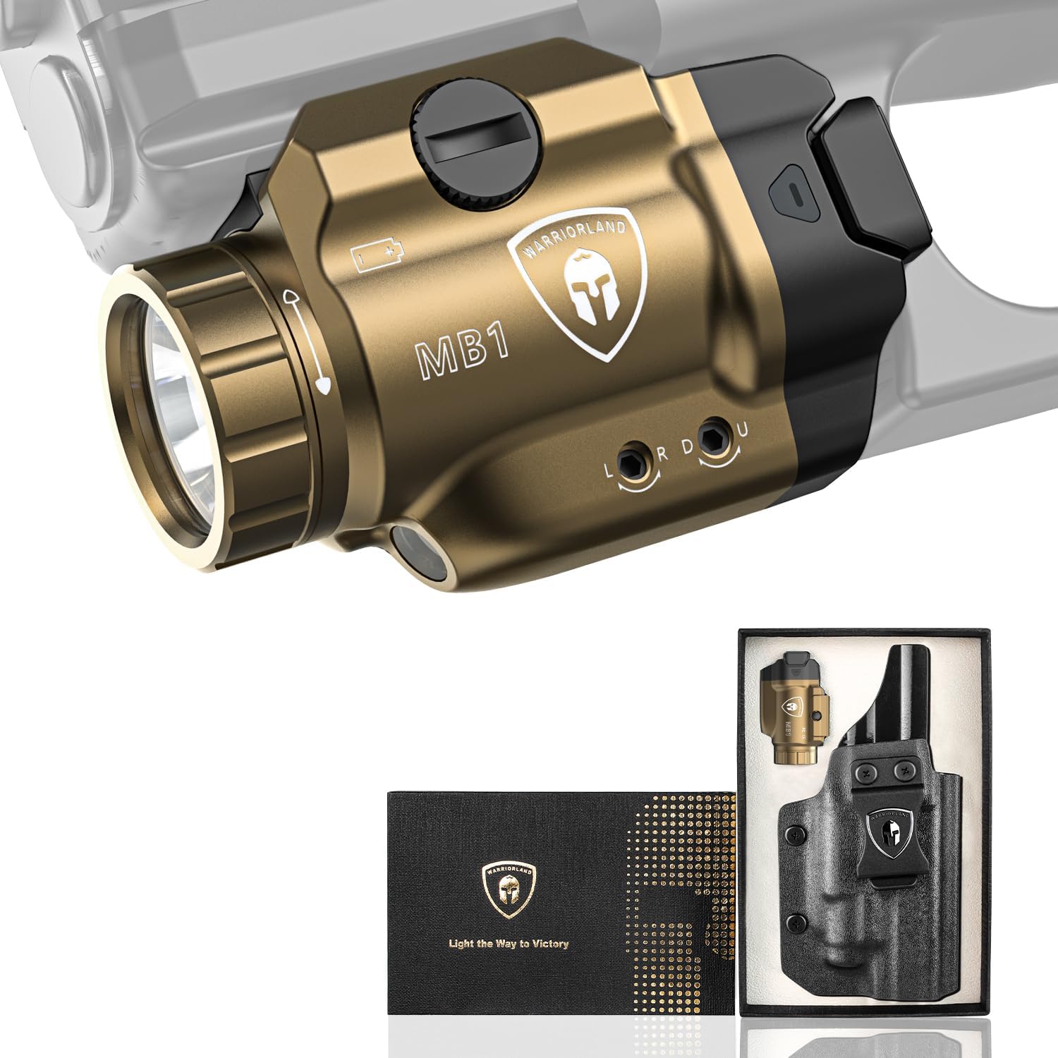 WARRIORLAND FDE MB1 Pistol Light & Holster Combo, Fit for Glock 20/21/22 Gen 3-5 & Glock 34 Gen 4, Compact 500-Lumen Rail Mounted Tactical Weapon Light with Red Laser & White LED, Power Indicator - WARRIORLAND