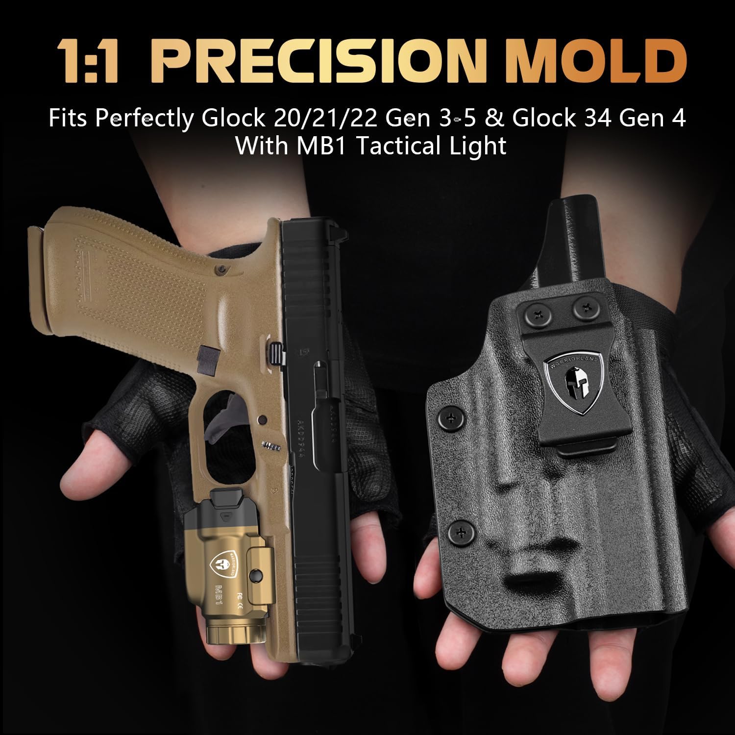 WARRIORLAND FDE MB1 Pistol Light & Holster Combo, Fit for Glock 20/21/22 Gen 3-5 & Glock 34 Gen 4, Compact 500-Lumen Rail Mounted Tactical Weapon Light with Red Laser & White LED, Power Indicator - WARRIORLAND
