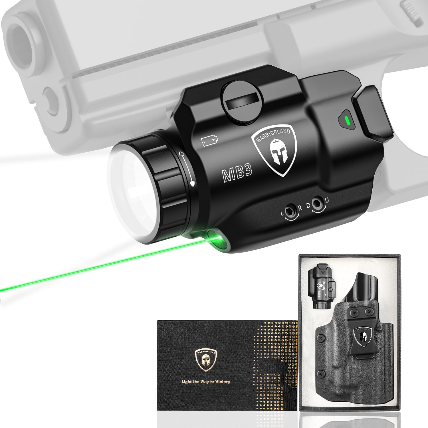 WARRIORLAND MB3 Pistol Light and Custom Kydex Holster, Fit for Sig Sauer P320 Compact M18, Compact 500 Lumens Universal Rail Mounted Tactical Weapon Light with Green Laser & White LED, Power Indicator - WARRIORLAND