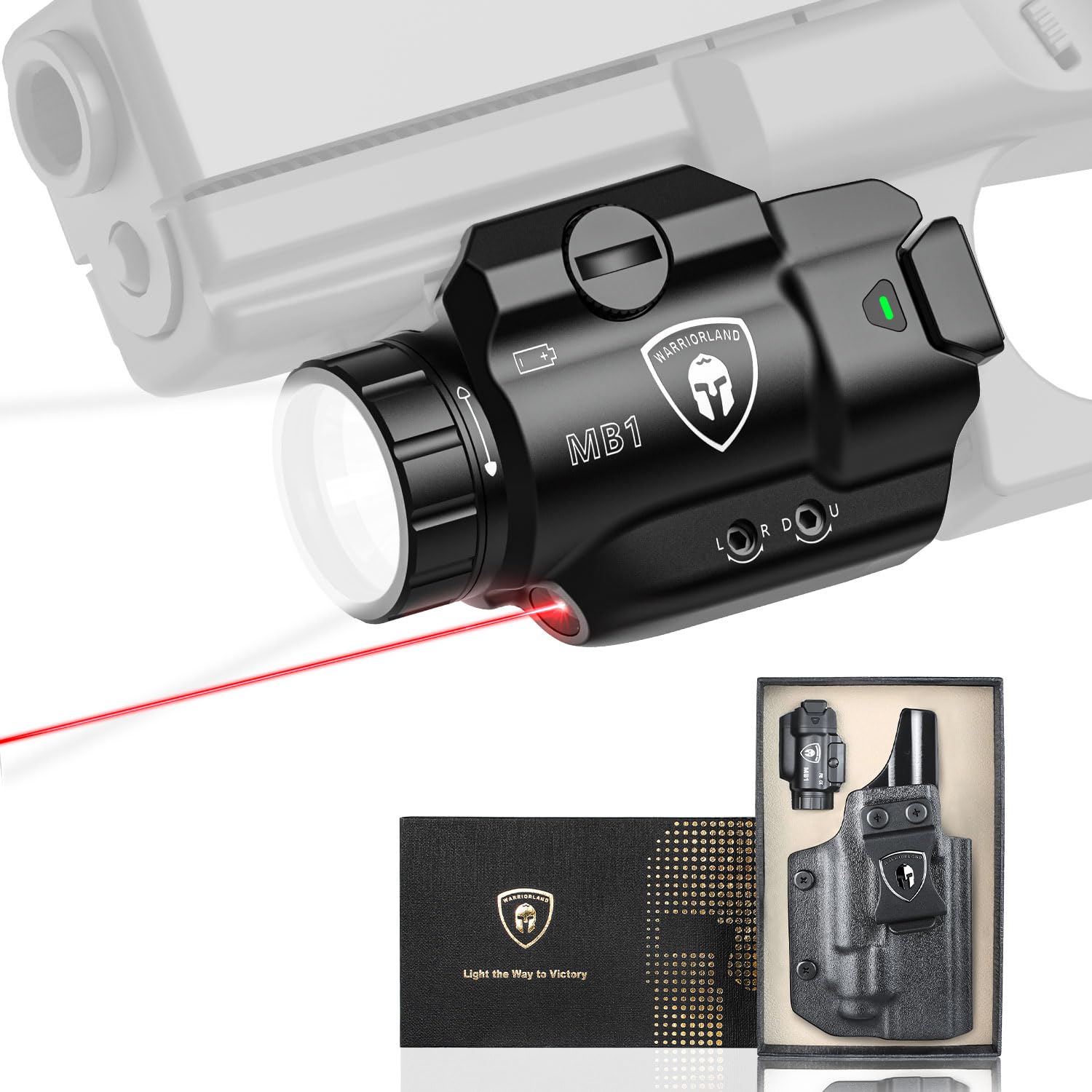 WARRIORLAND MB1 500 Lumens Portable Universal Rail Mounted Weapon Light-Red Laser & White LED Combo with Springfield Hellcat Pro Kydex Holster-Three Operation Modes & Power Indicator MB1w/Hellcat Pro - WARRIORLAND