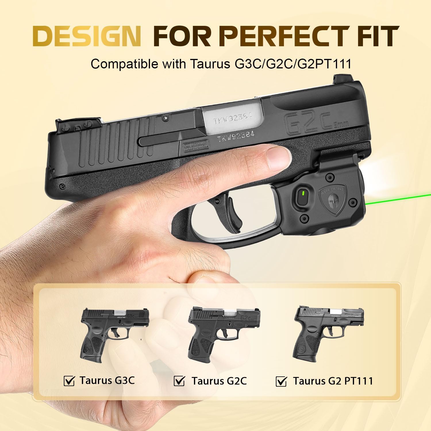 WARRIORLAND Pistol Light Laser Combo Fits Taurus G2C /G3C /Millennium PT111 G2 / PT140 G2/Taurus G3, Compact 150-Lumen Trigger & Rail Mounted Tactical Weapon Light, Green Laser & White LED Flashlight, SLL-101G - WARRIORLAND